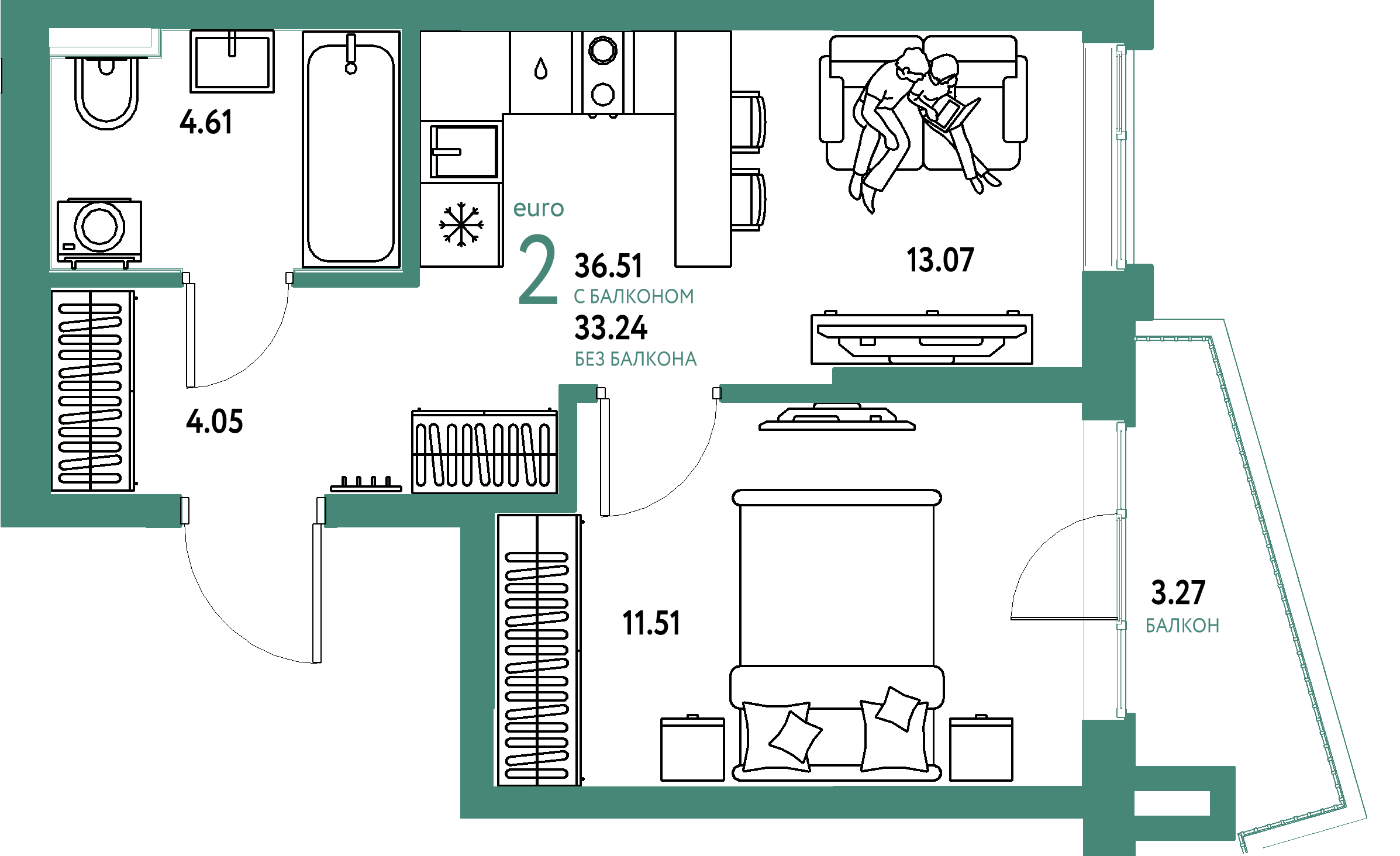 ЖК "Остров-сад"-2-комнатная 36.51 м²