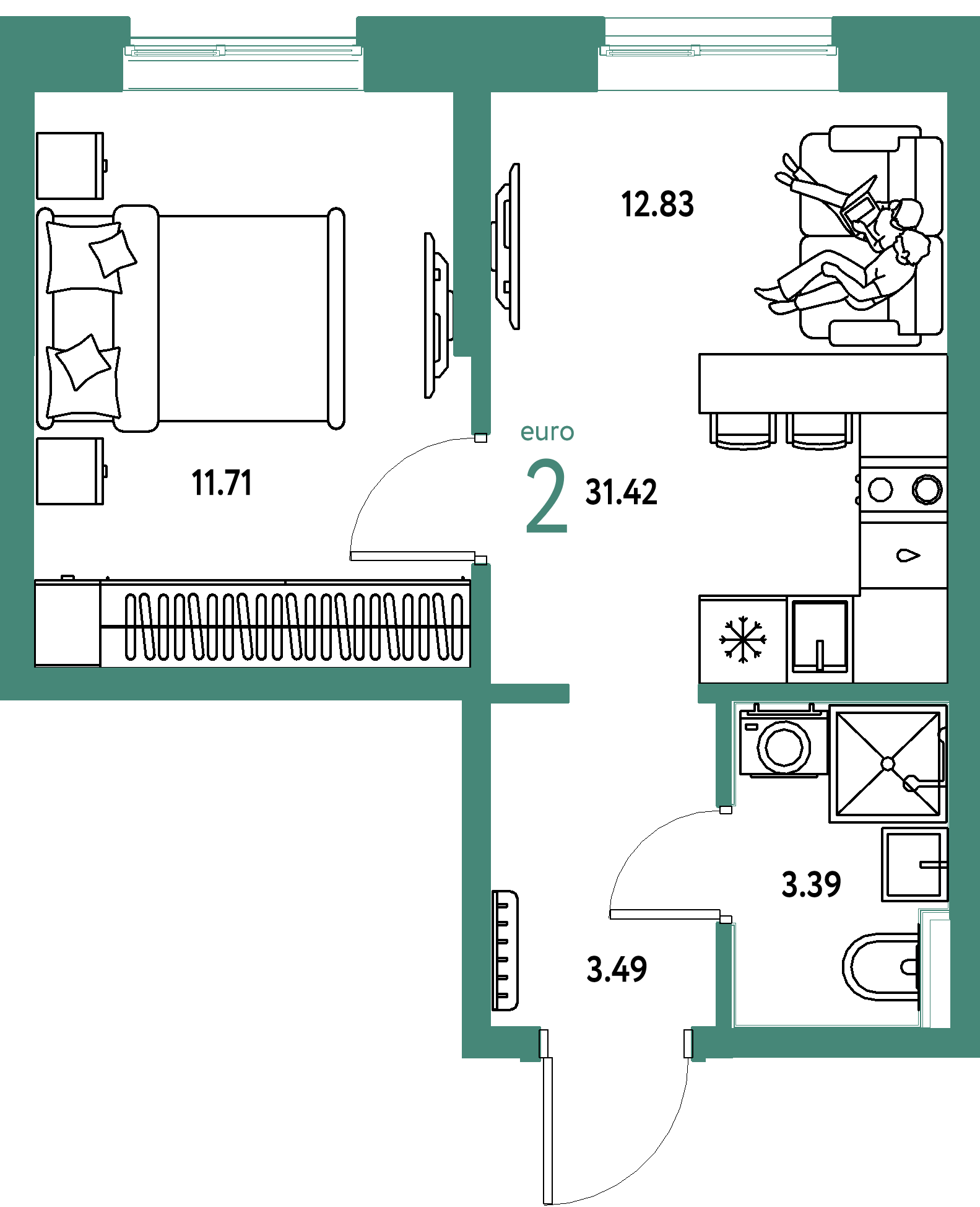 ЖК "Остров-сад"-2-комнатная 31.42 м²