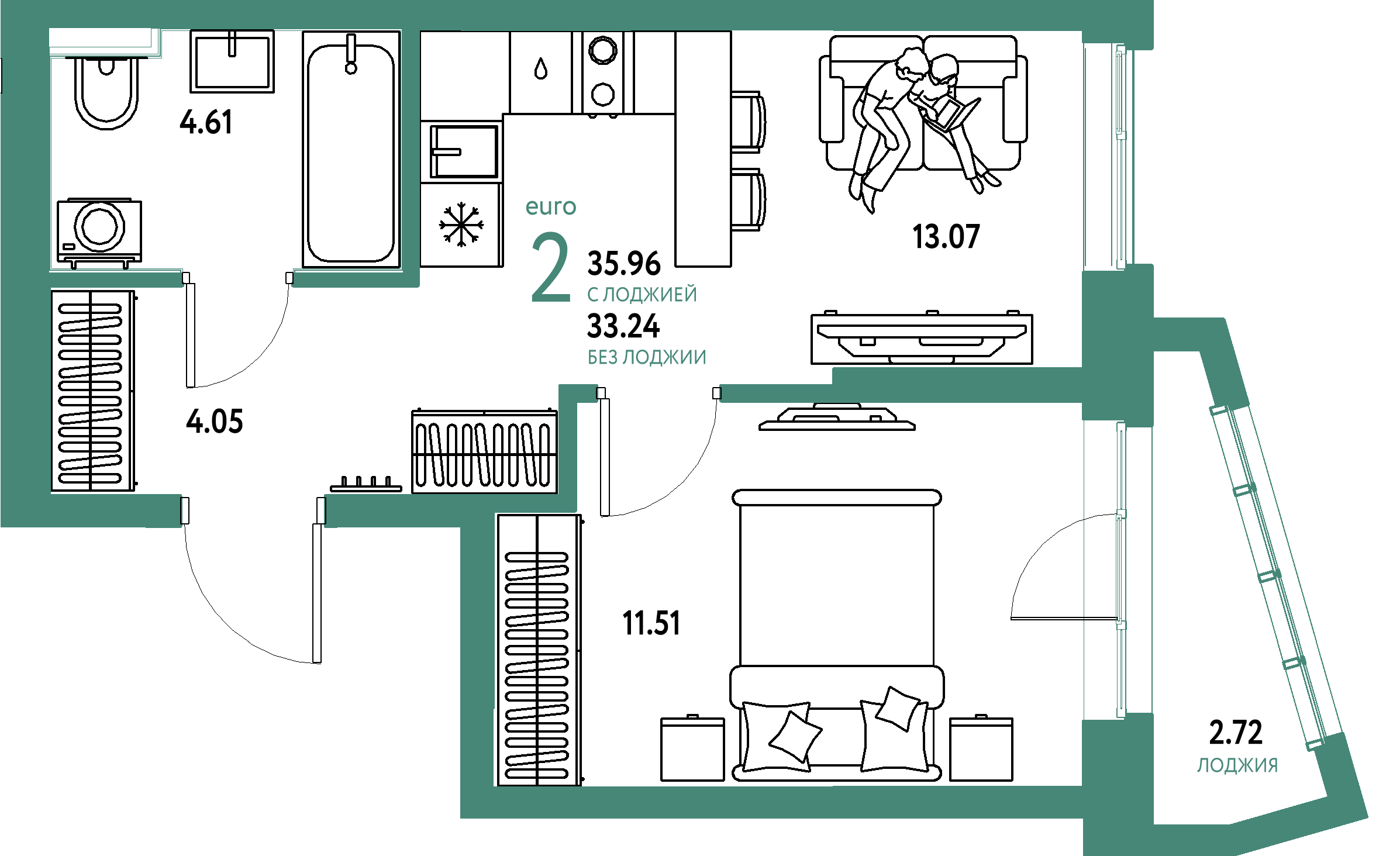 ЖК "Остров-сад"-2-комнатная 35.96 м²