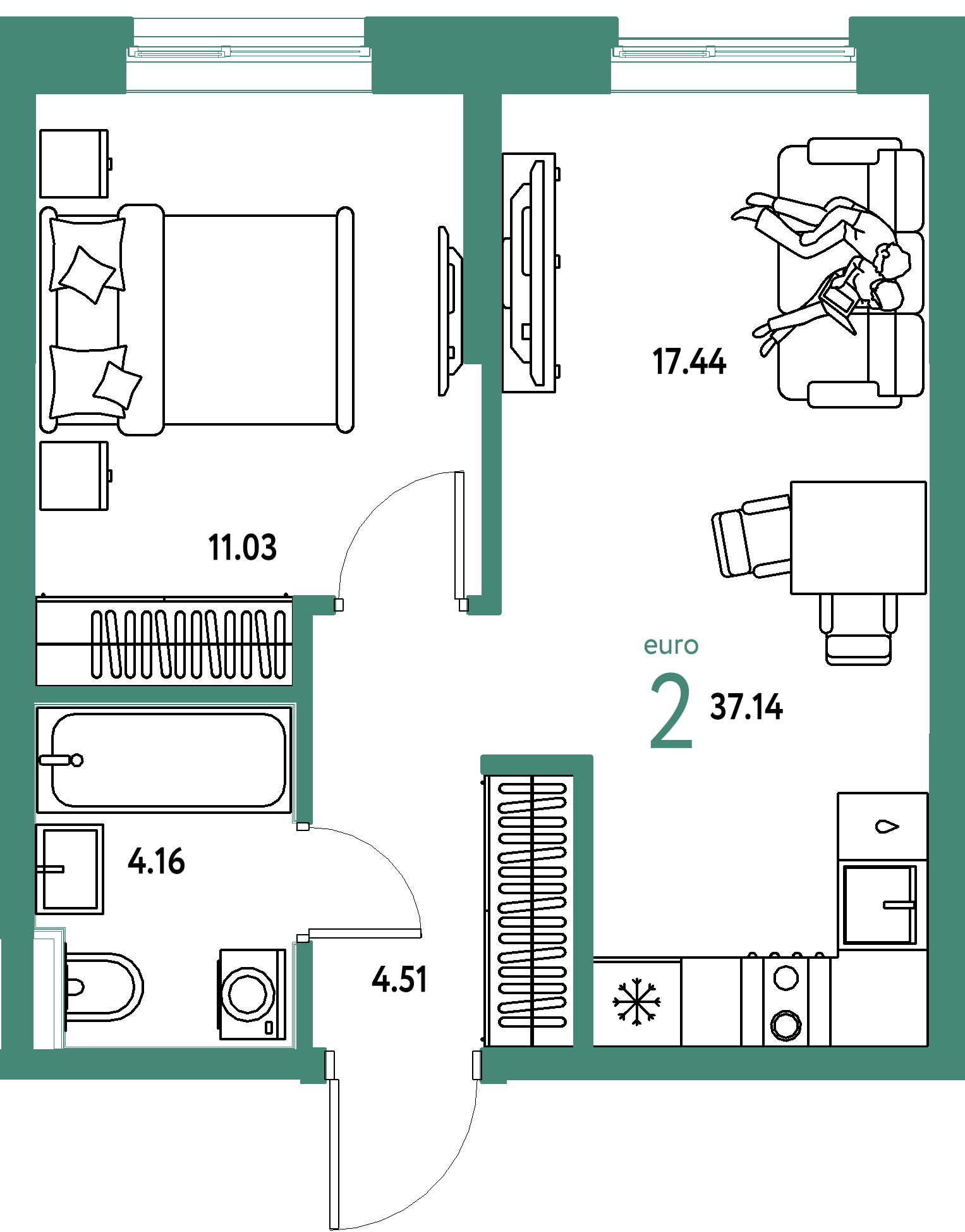 ЖК "Остров-сад"-2-комнатная 37.14 м²