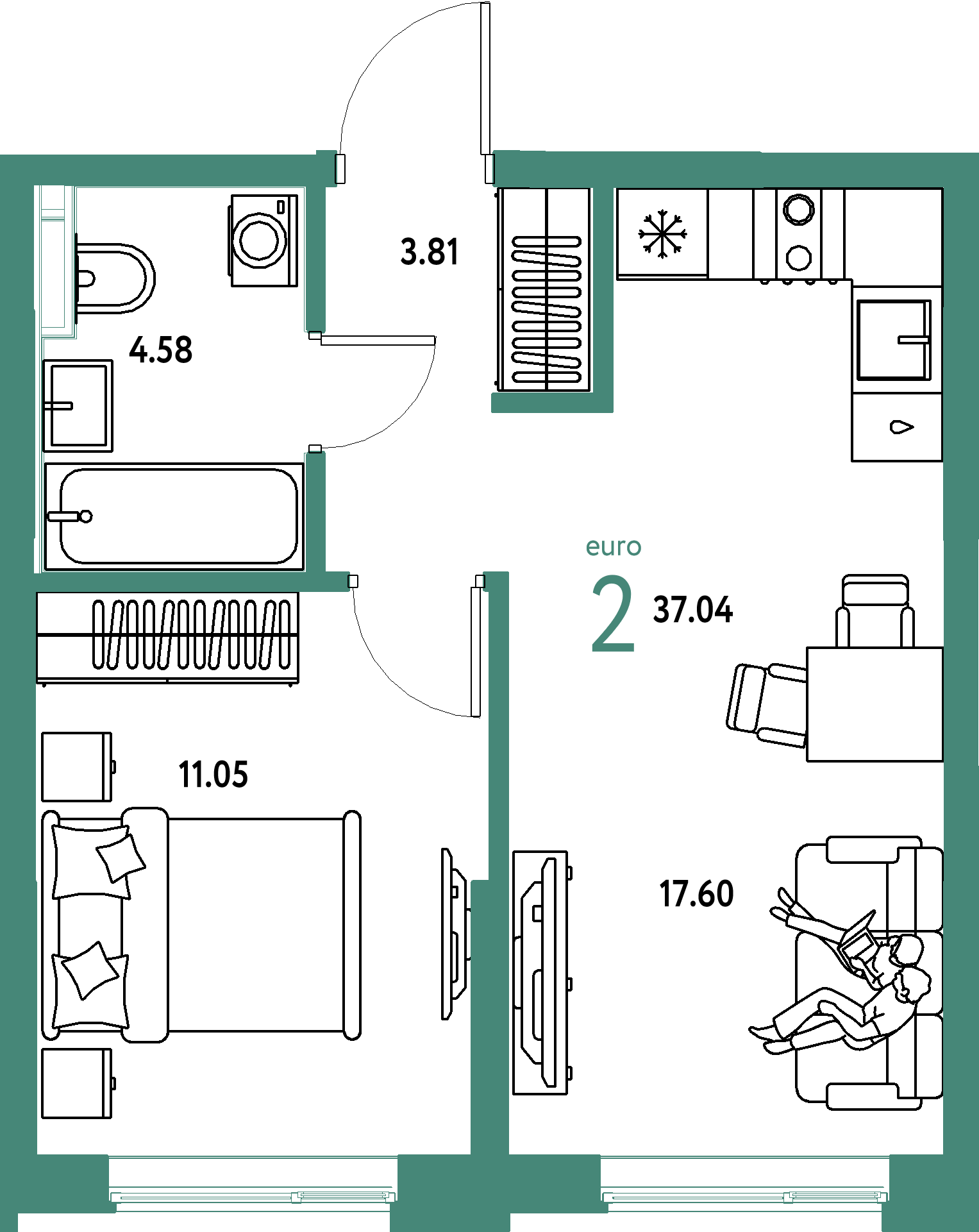 ЖК "Остров-сад"-2-комнатная 37.04 м²