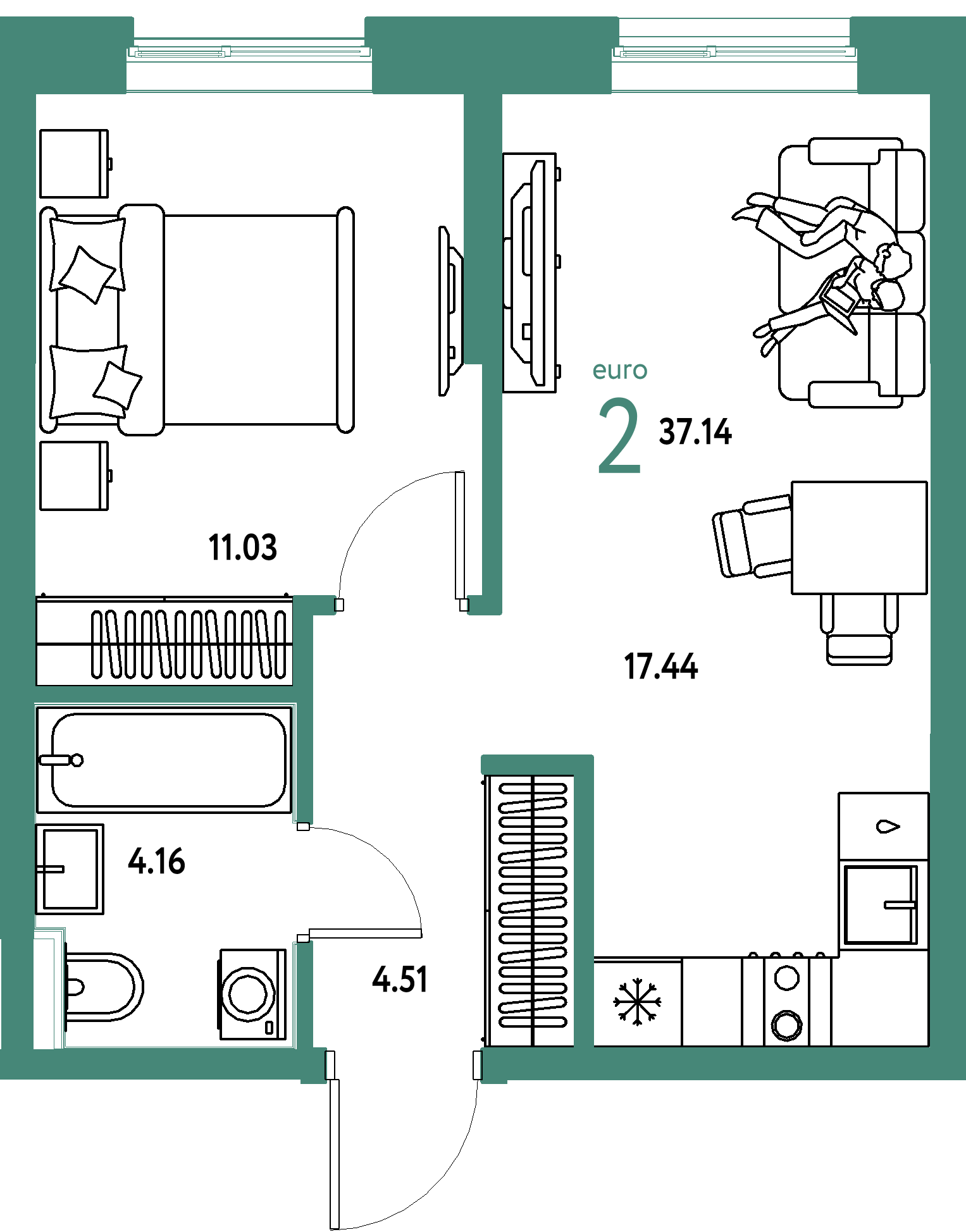 ЖК "Остров-сад"-2-комнатная 37.14 м²