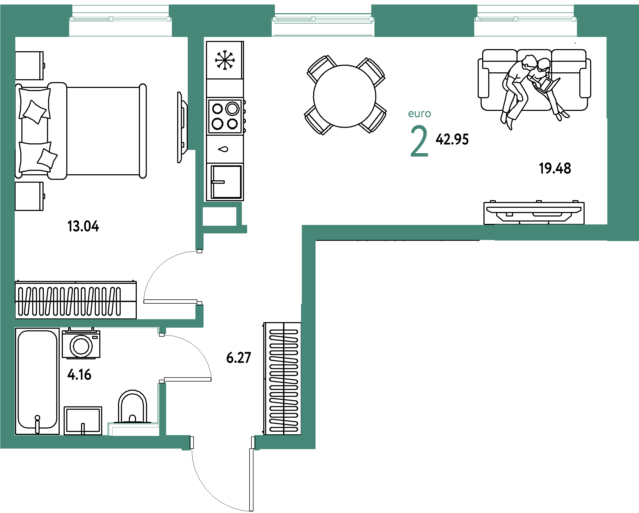 ЖК "Остров-сад"-2-комнатная 42.95 м²
