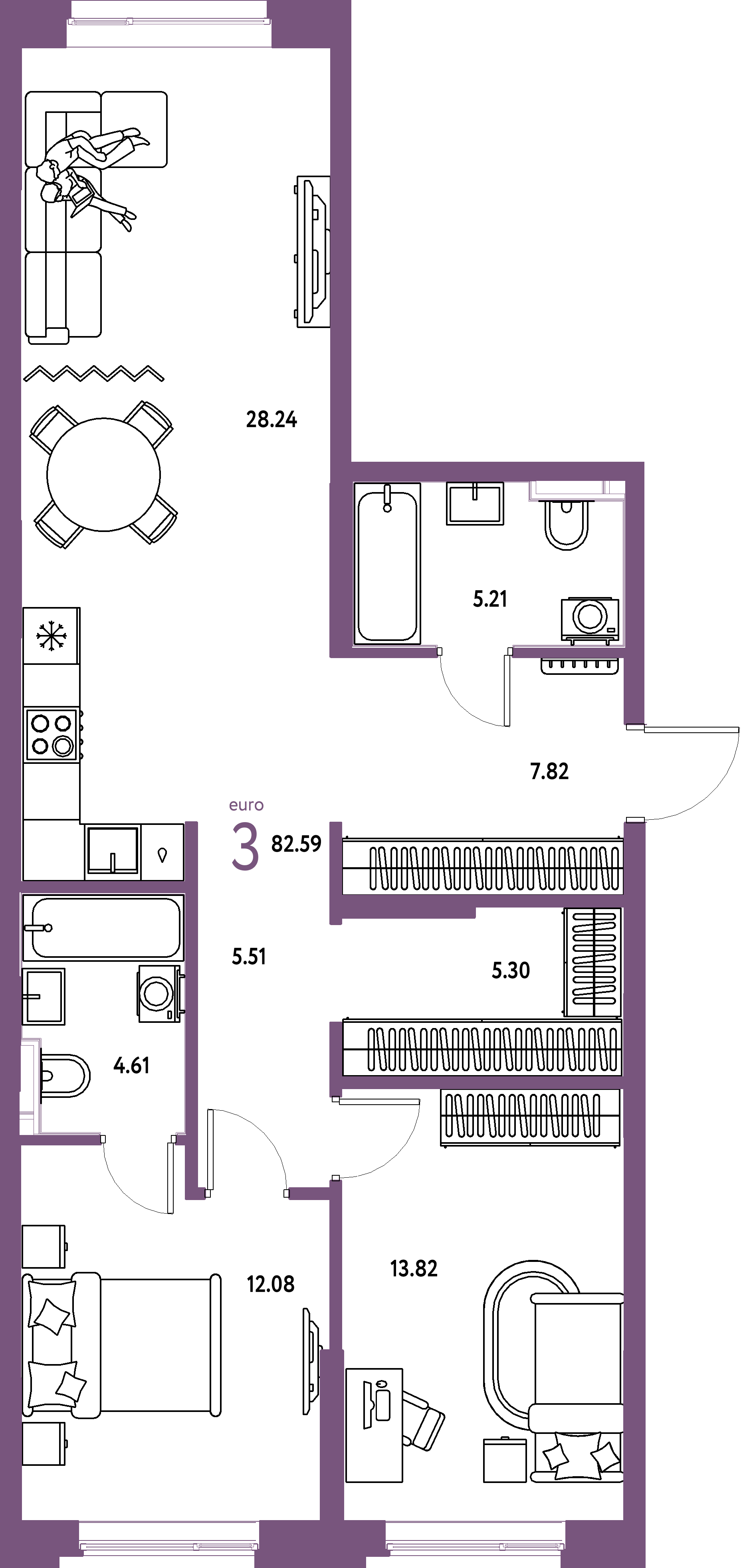 ЖК "Остров-сад"-3-комнатная 82.59 м²