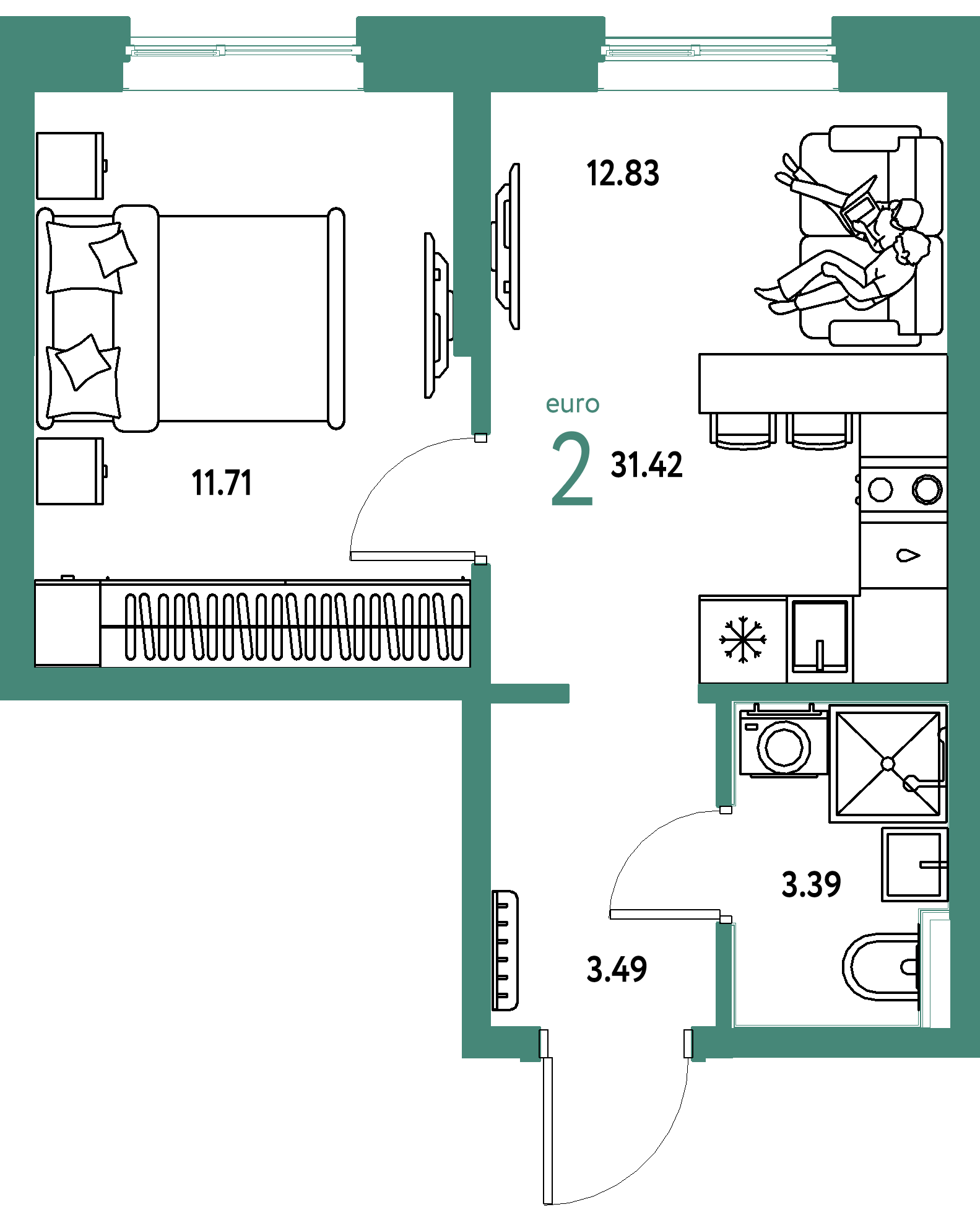 ЖК "Остров-сад"-2-комнатная 31.42 м²