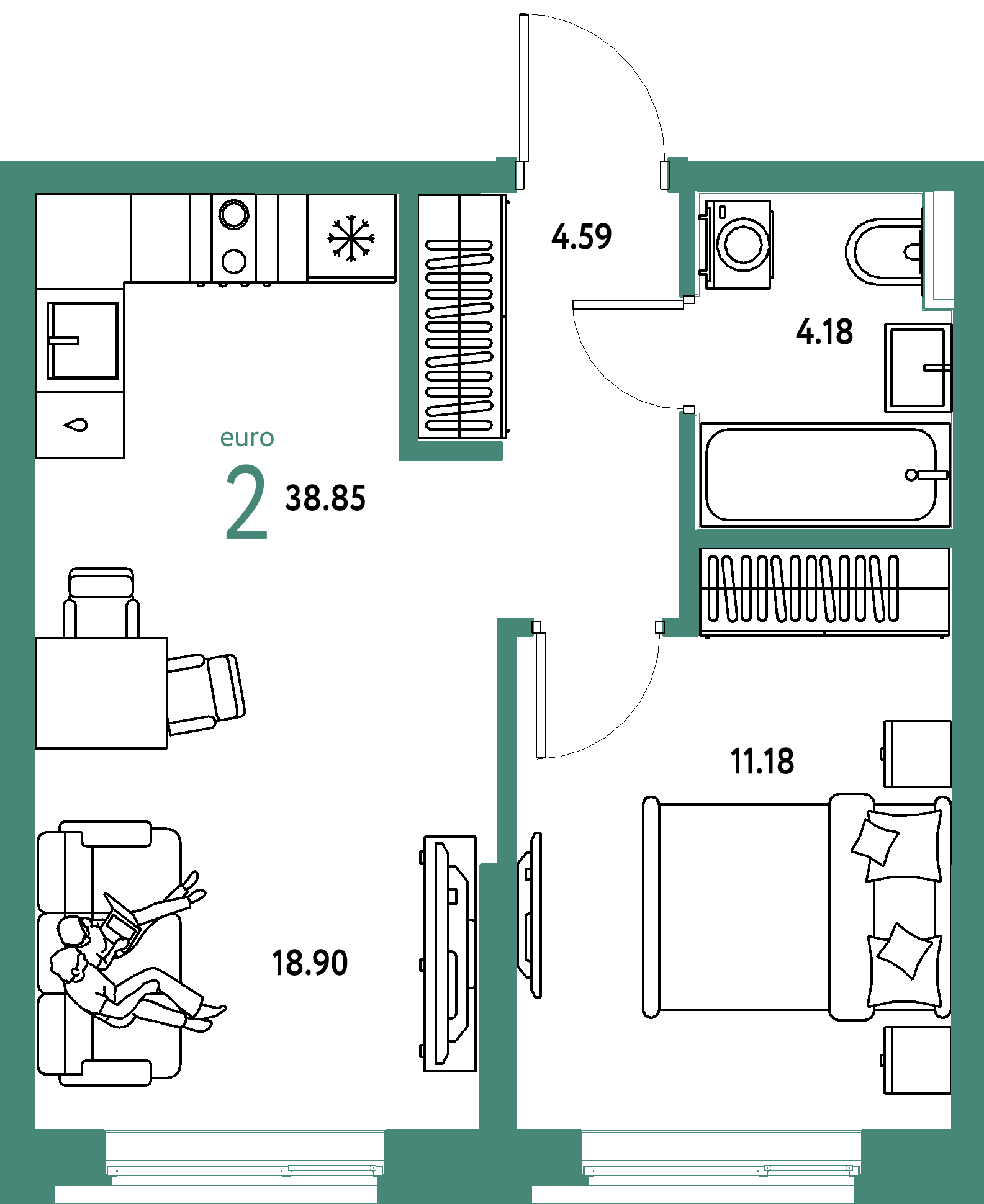 ЖК "Остров-сад"-2-комнатная 38.85 м²