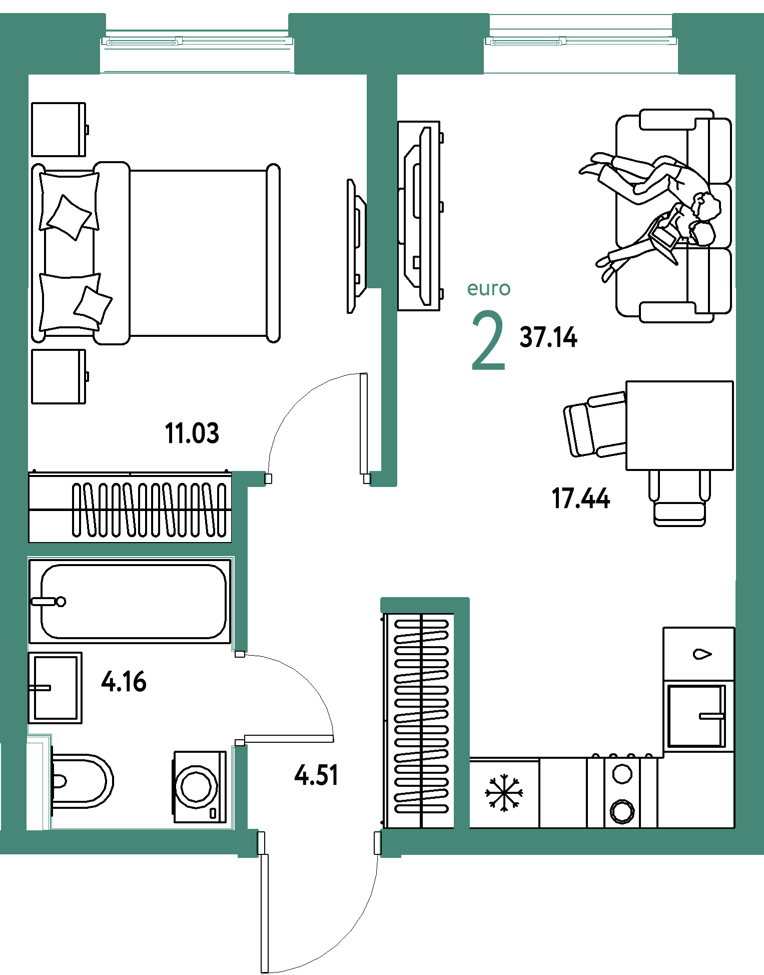 ЖК "Остров-сад"-2-комнатная 37.14 м²