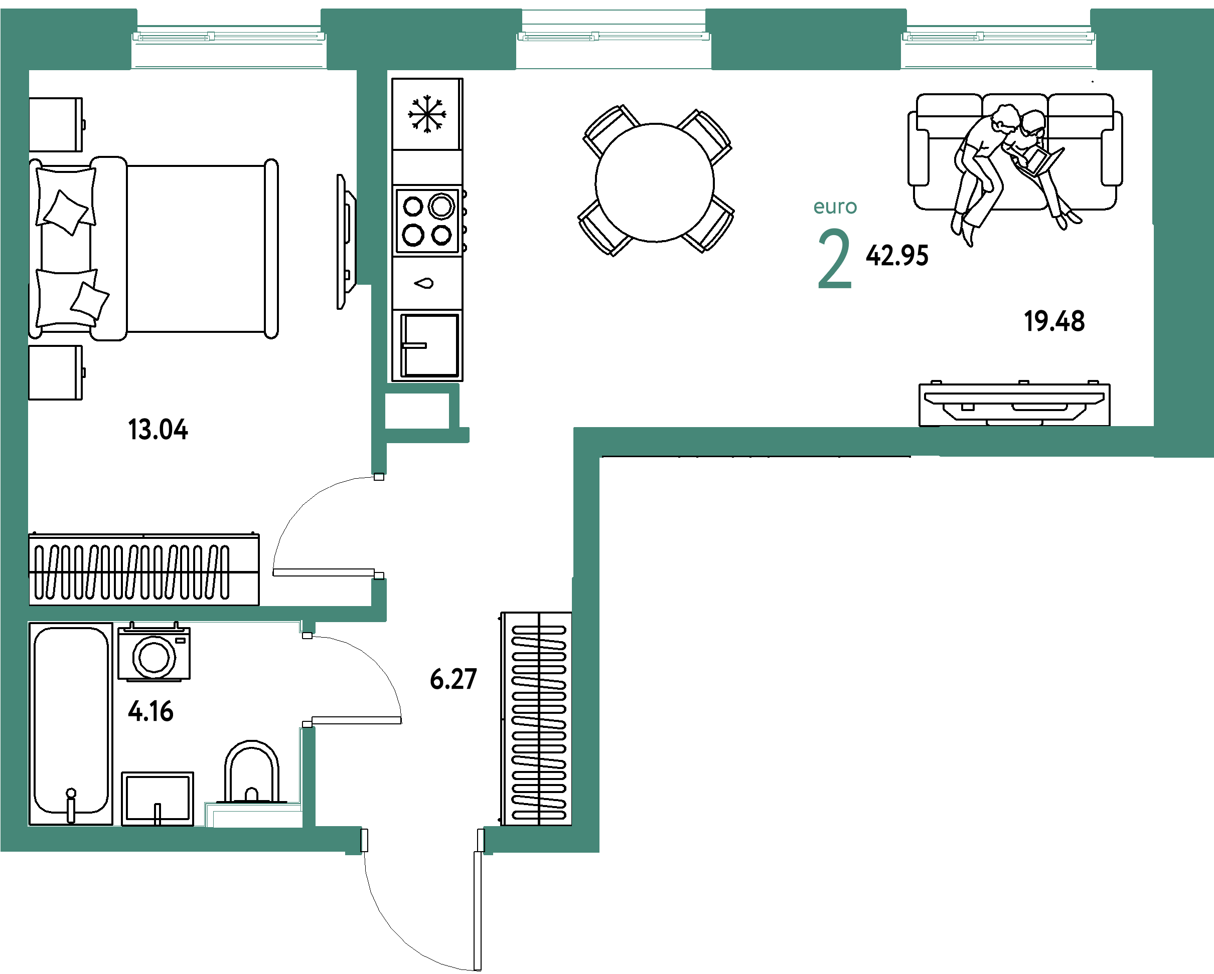 ЖК "Остров-сад"-2-комнатная 42.95 м²