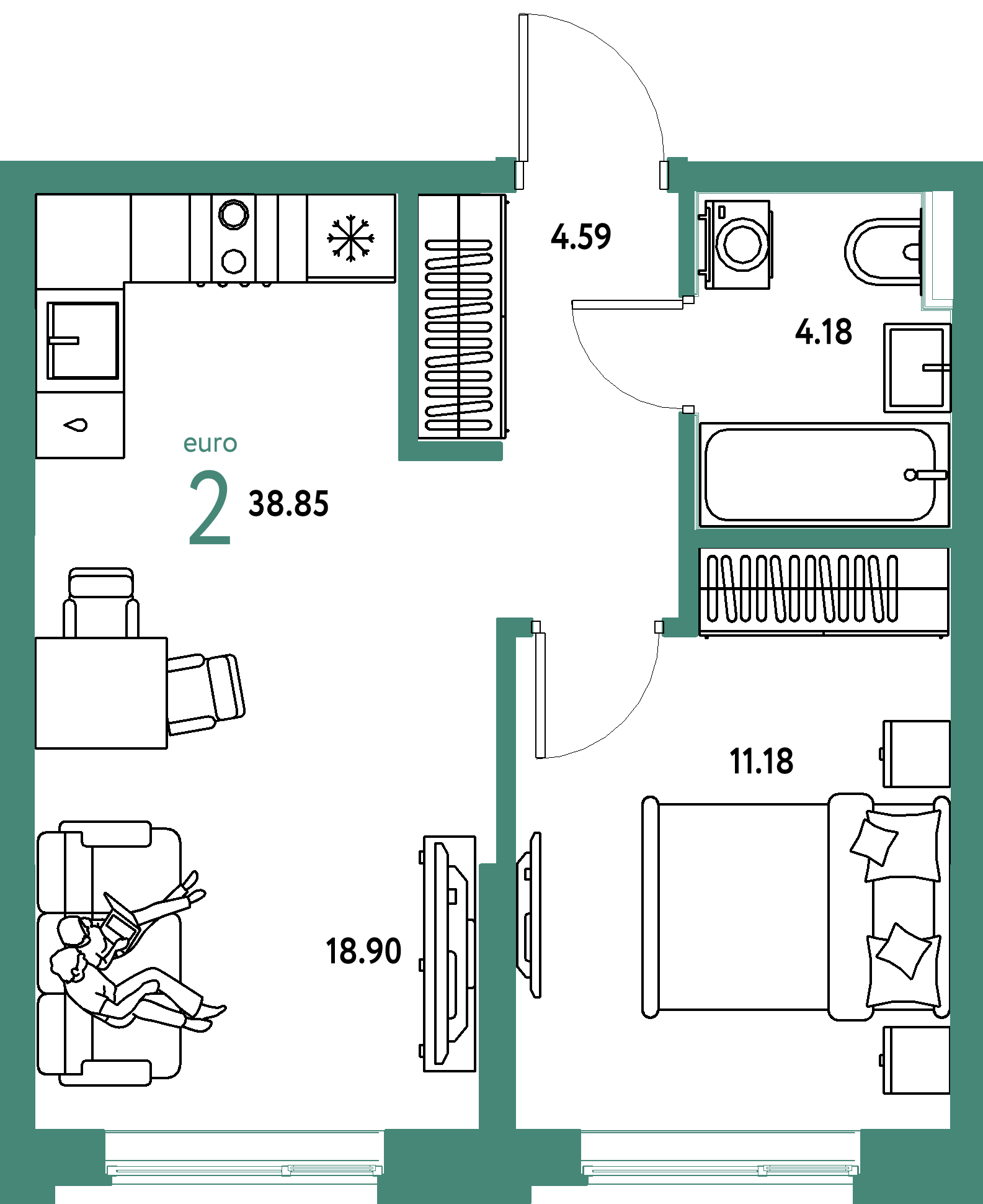 ЖК "Остров-сад"-2-комнатная 38.85 м²
