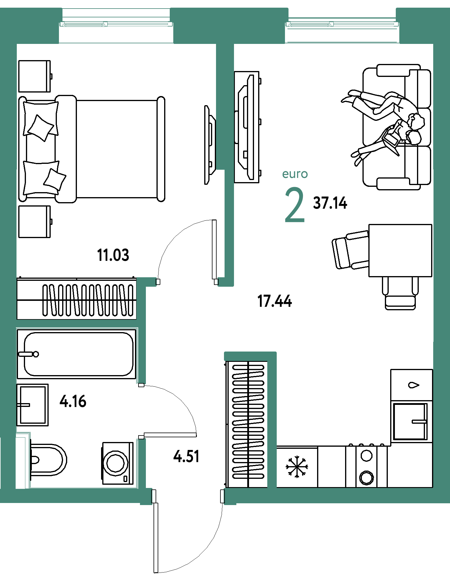ЖК "Остров-сад"-2-комнатная 37.14 м²