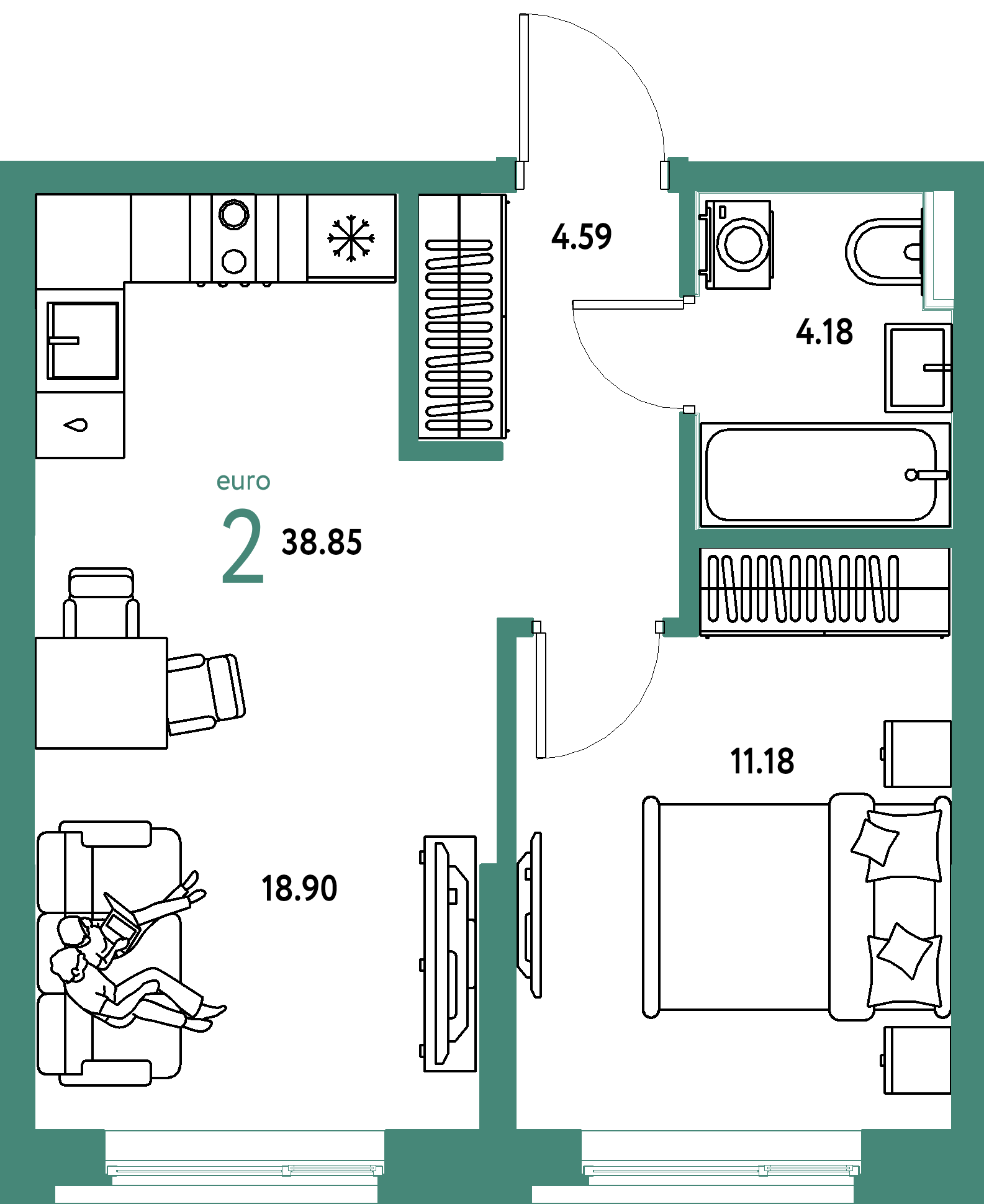ЖК "Остров-сад"-2-комнатная 38.85 м²