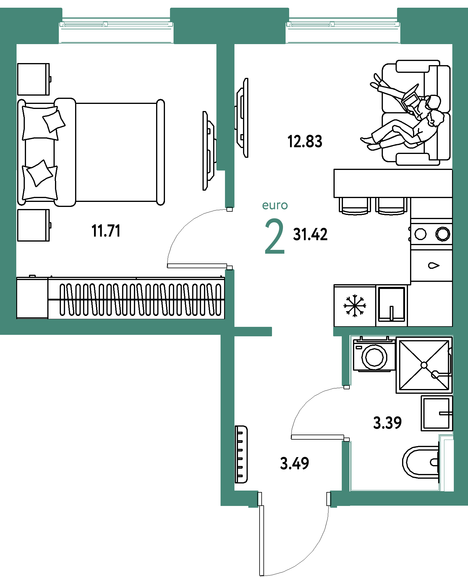 ЖК "Остров-сад"-2-комнатная 31.42 м²