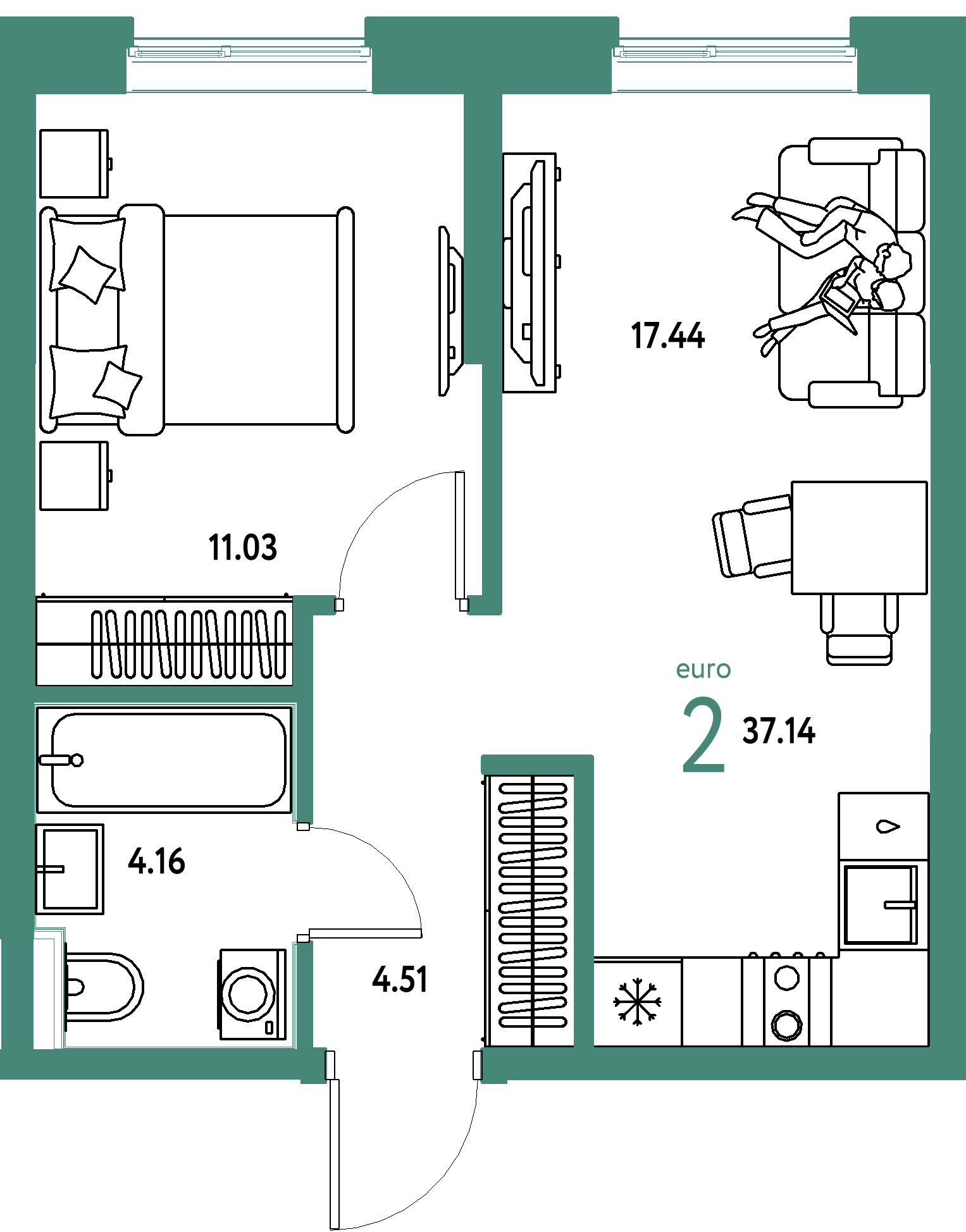 ЖК "Остров-сад"-2-комнатная 37.14 м²