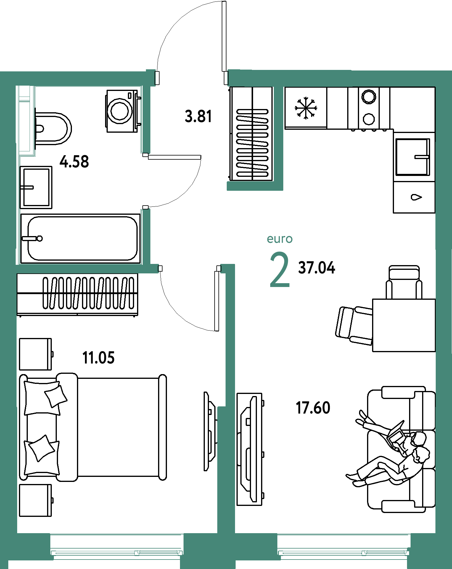 ЖК "Остров-сад"-2-комнатная 37.04 м²