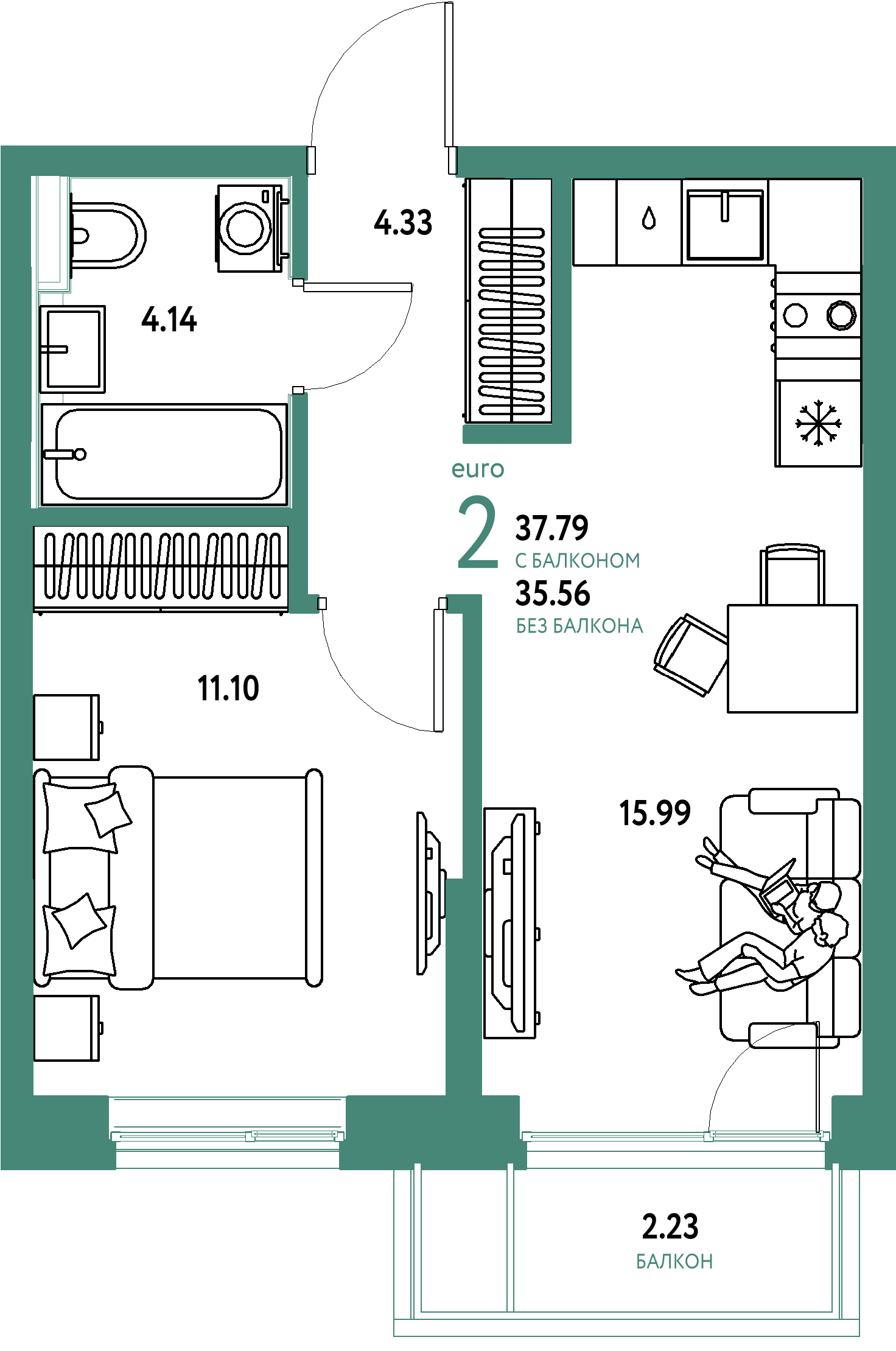 Планировка: Евродвушка 37.8 м² в ЖК Остров-сад, ДОК
