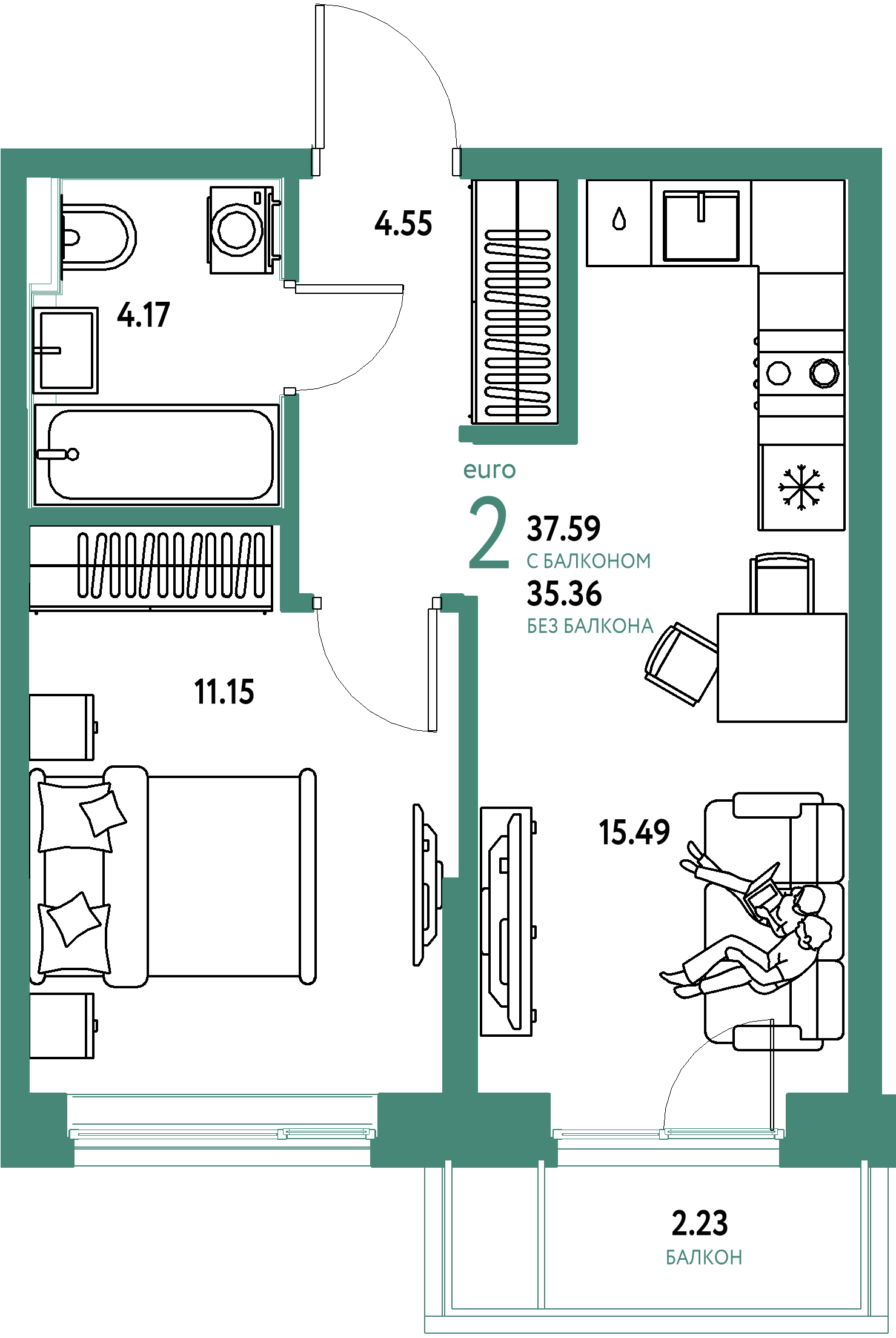 Планировка: Евродвушка 37.6 м² в ЖК Остров-сад, ДОК