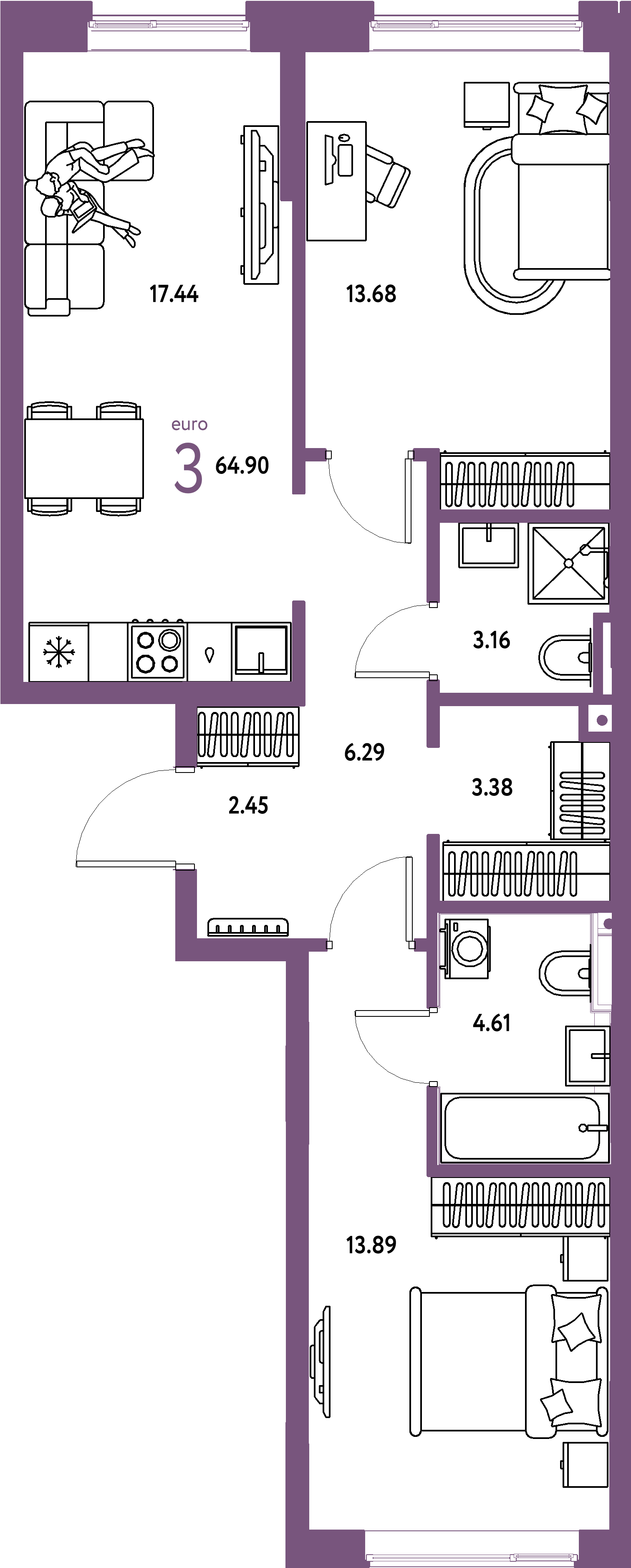 ЖК "Остров-сад"-3-комнатная 64.9 м²