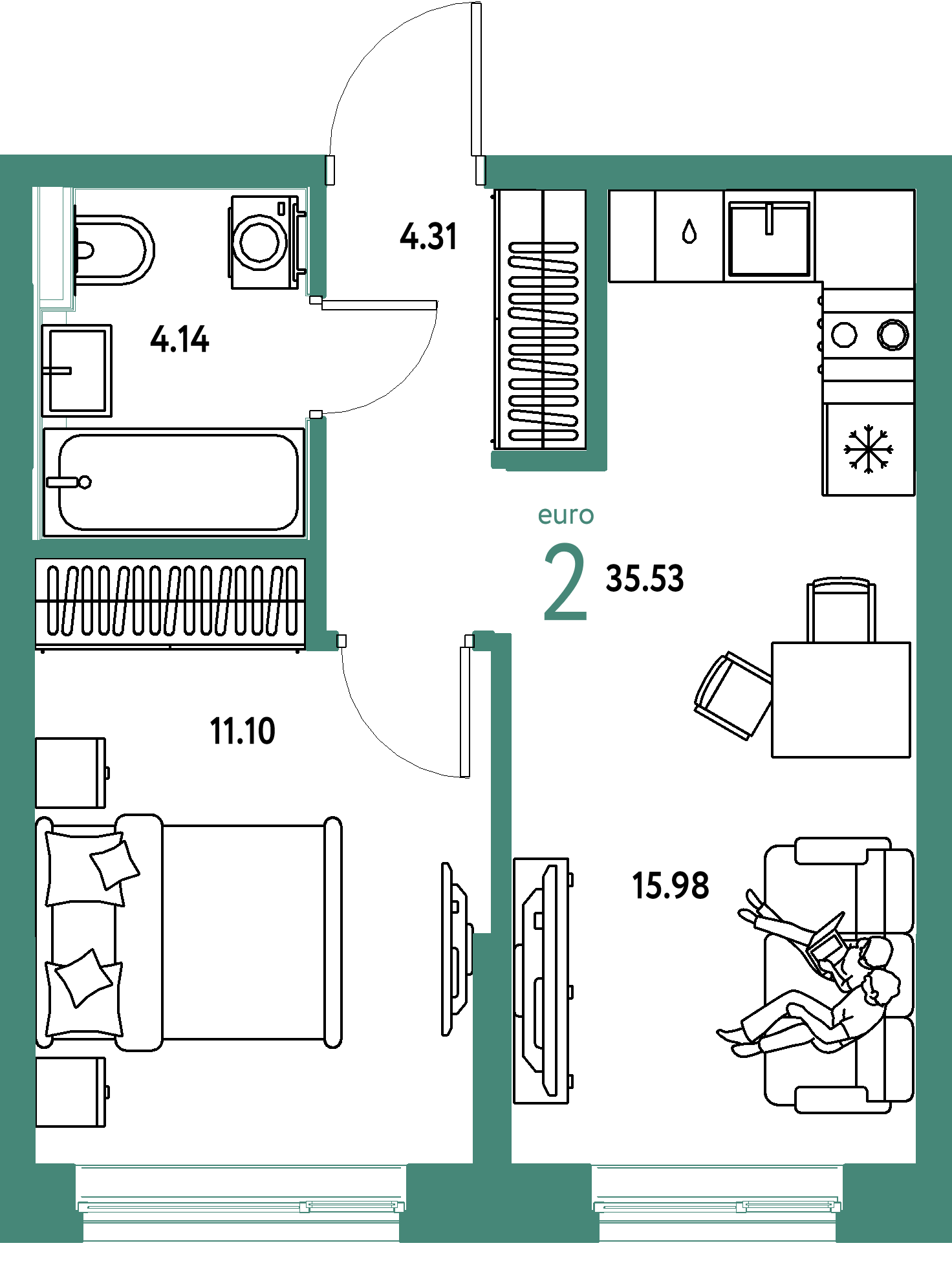 Планировка: Евродвушка 35.5 м² в ЖК Остров-сад, ДОК