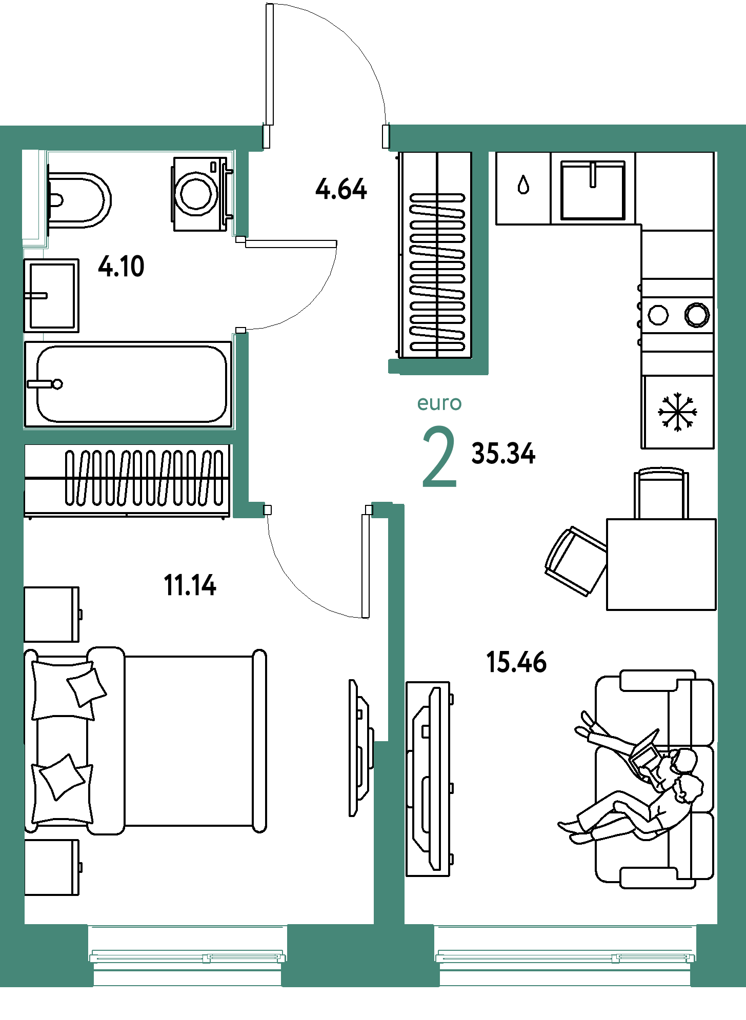 Планировка: Евродвушка 35.3 м² в ЖК Остров-сад, ДОК