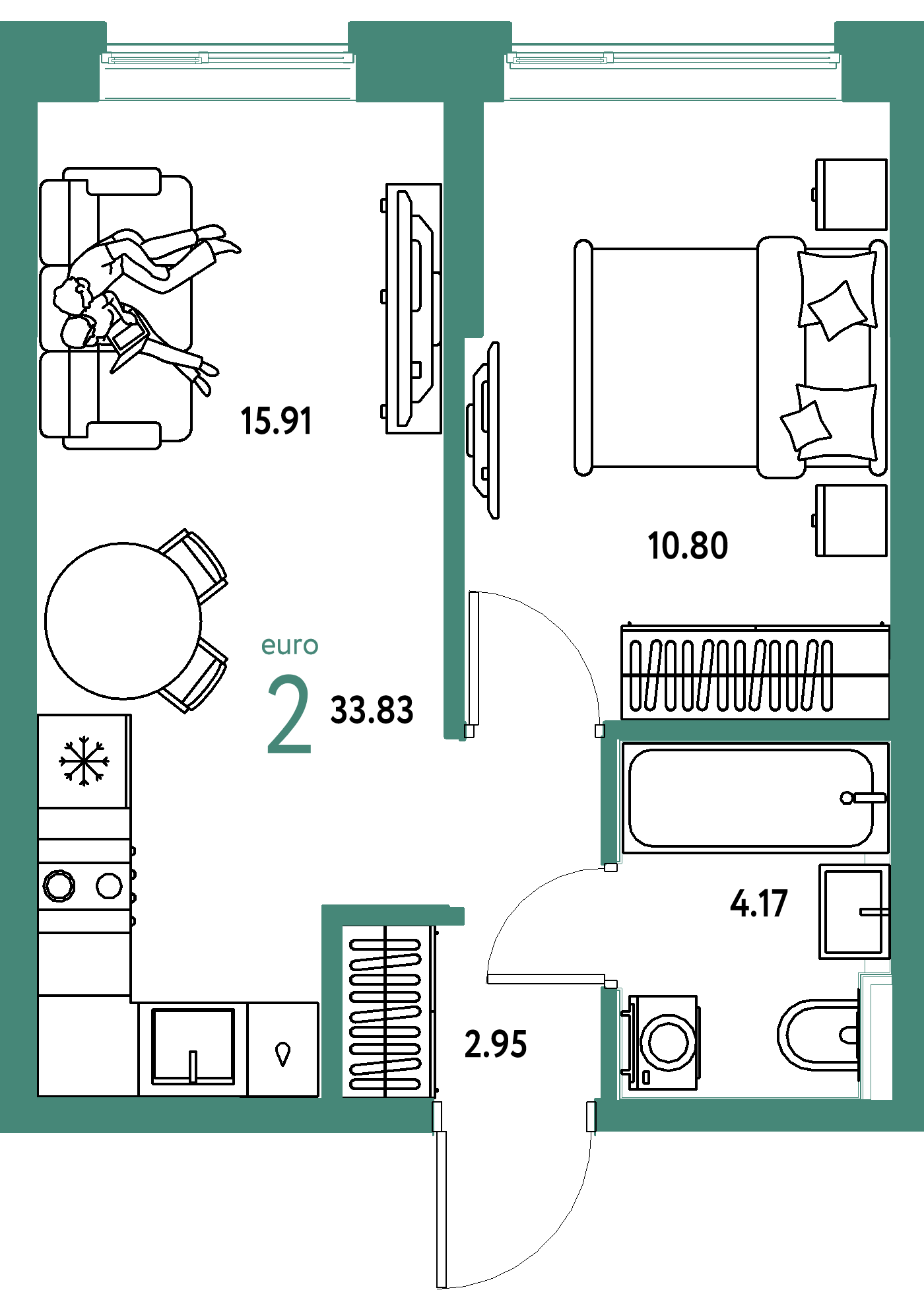 Планировка: Евродвушка 33.8 м² в ЖК Остров-сад, ДОК