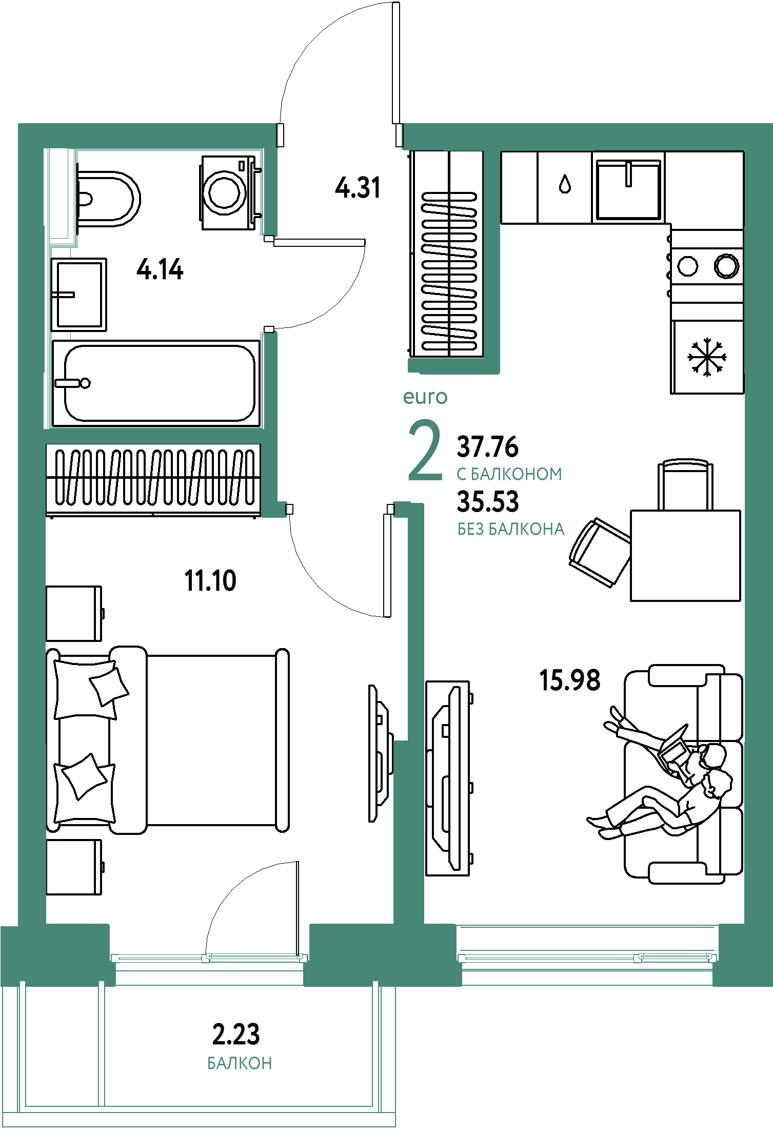 ЖК "Остров-сад"-2-комнатная 37.76 м²