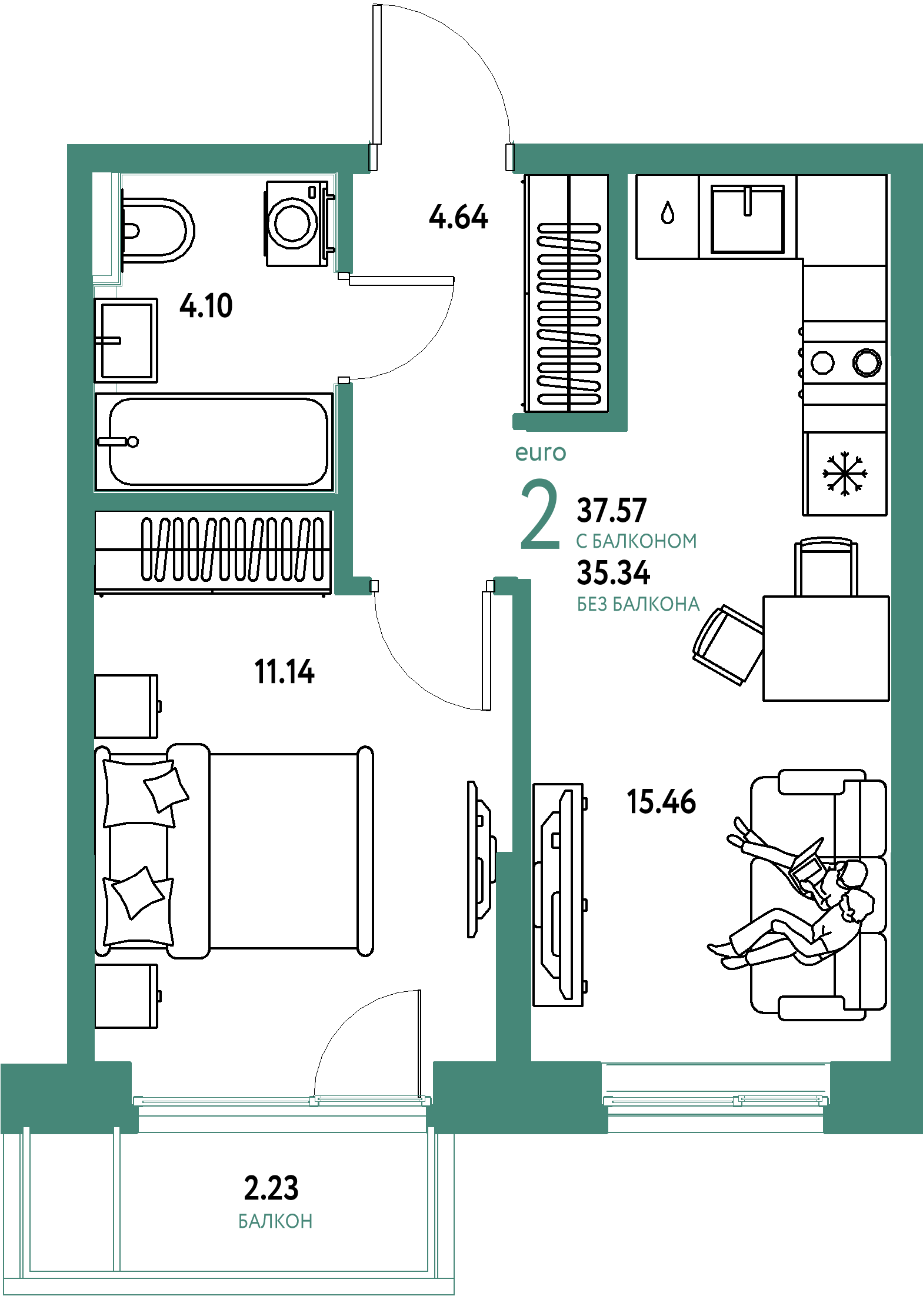 Планировка: Евродвушка 37.6 м² в ЖК Остров-сад, ДОК