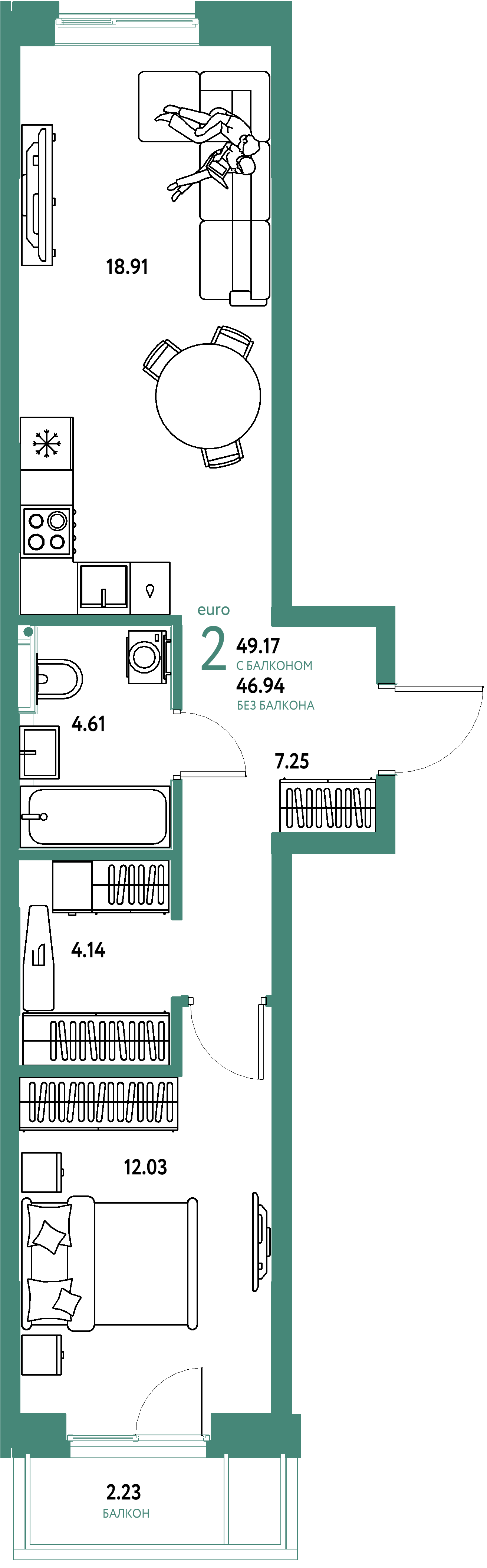 ЖК "Остров-сад"-2-комнатная 49.17 м²