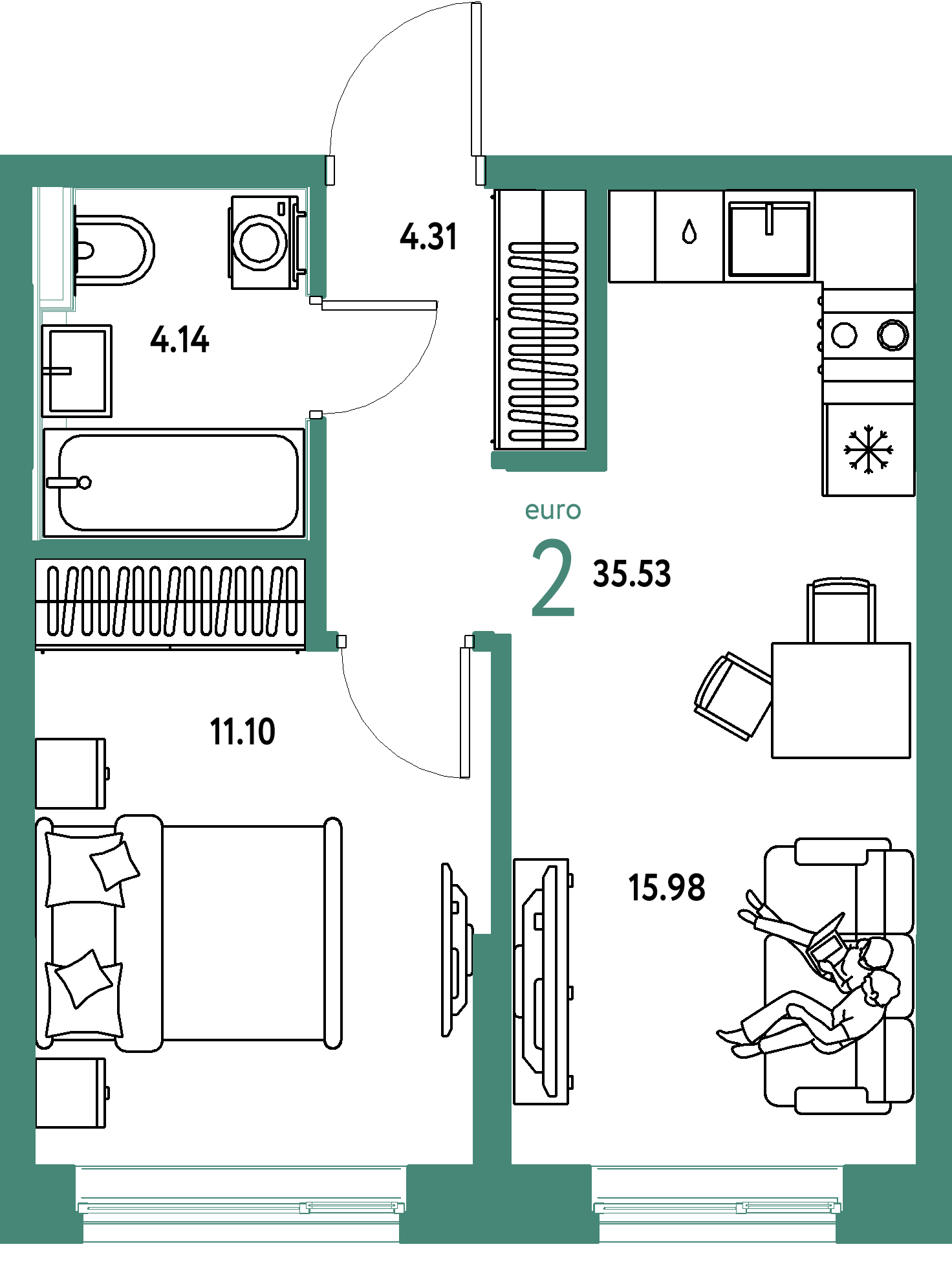 Планировка: Евродвушка 35.5 м² в ЖК Остров-сад, ДОК