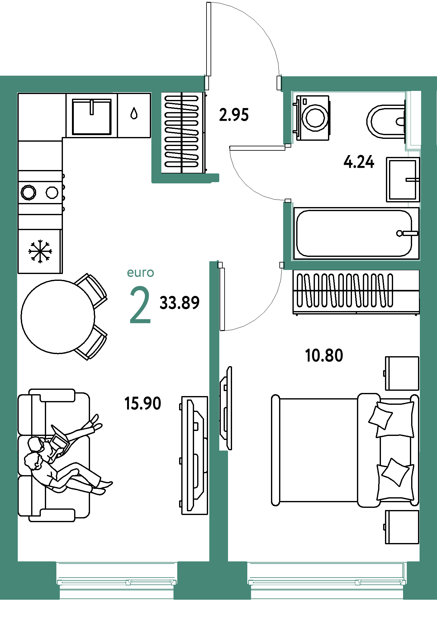 Планировка: Евродвушка 33.9 м² в ЖК Остров-сад, ДОК