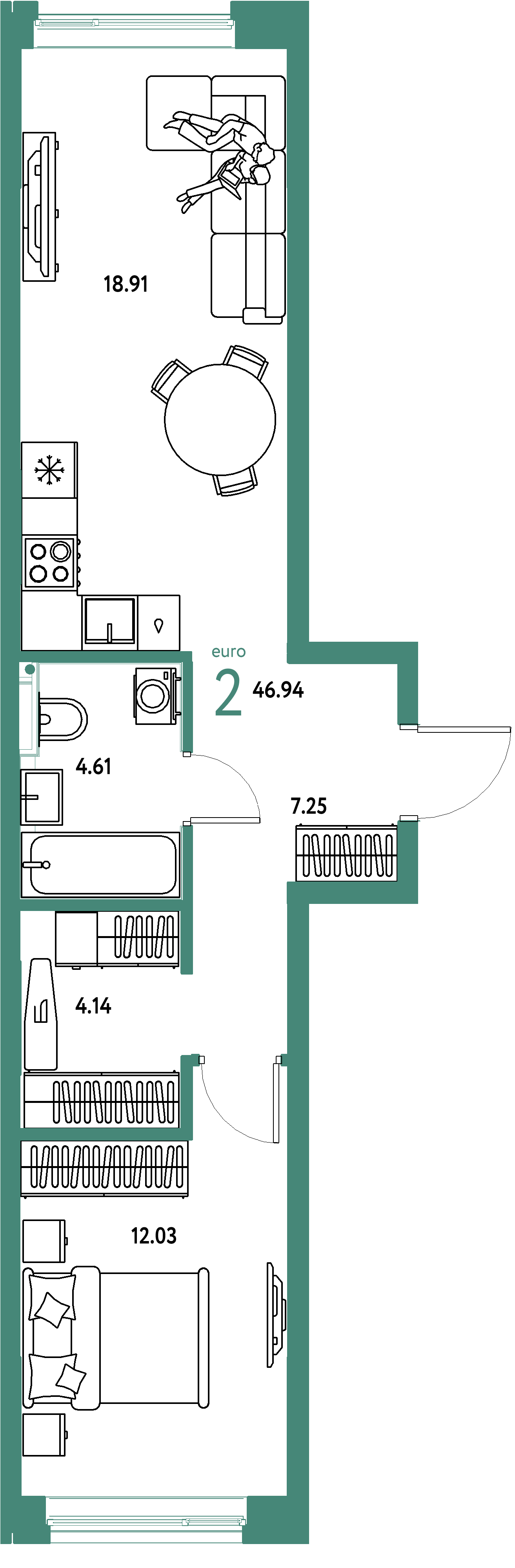 ЖК "Остров-сад"-2-комнатная 46.94 м²