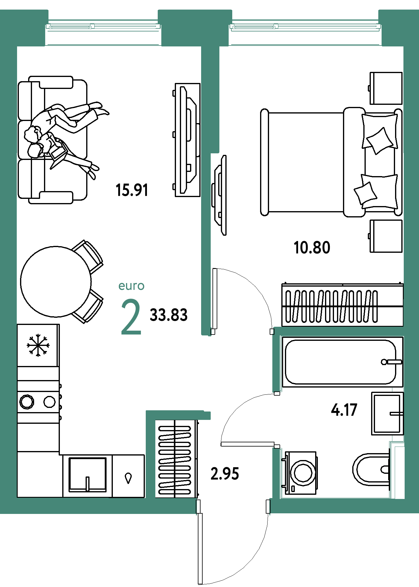 Планировка: Евродвушка 33.8 м² в ЖК Остров-сад, ДОК