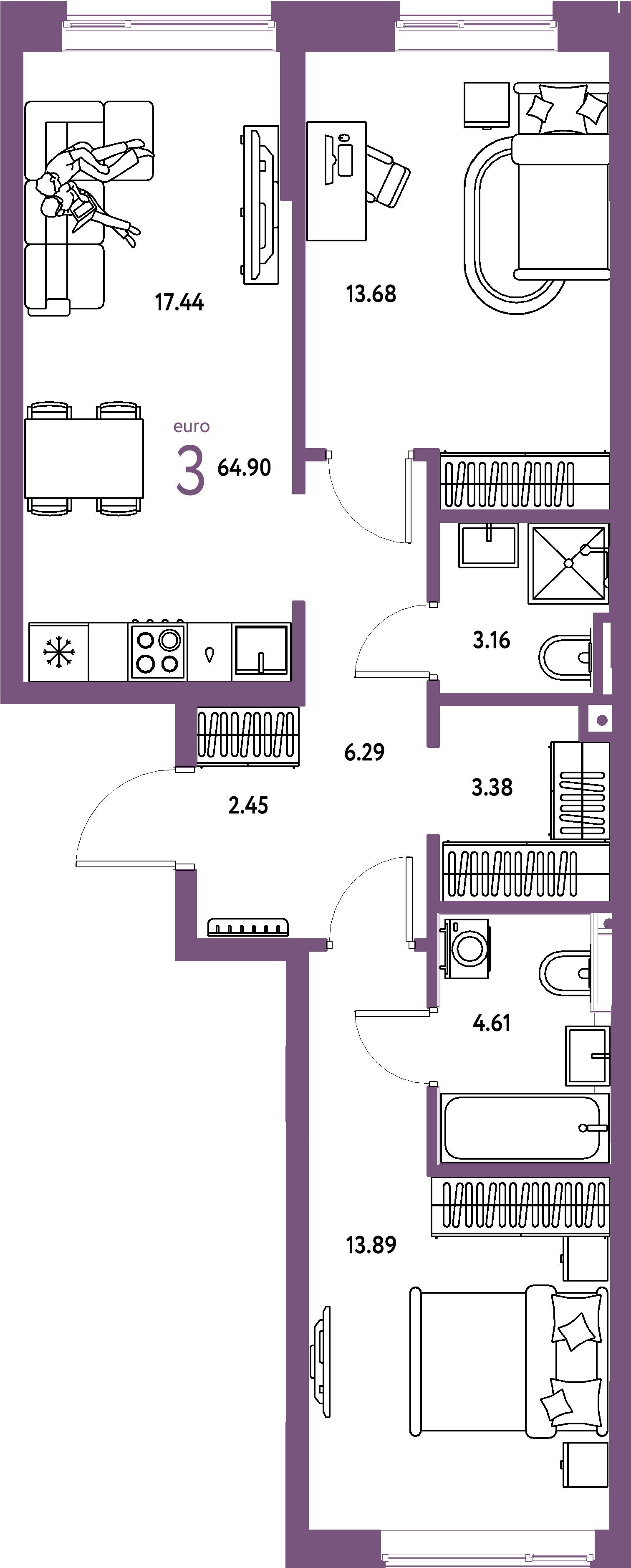 ЖК "Остров-сад"-3-комнатная 64.9 м²