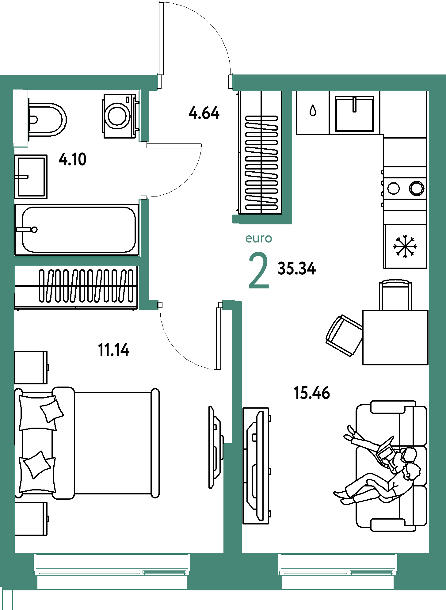 Планировка: Евродвушка 35.3 м² в ЖК Остров-сад, ДОК