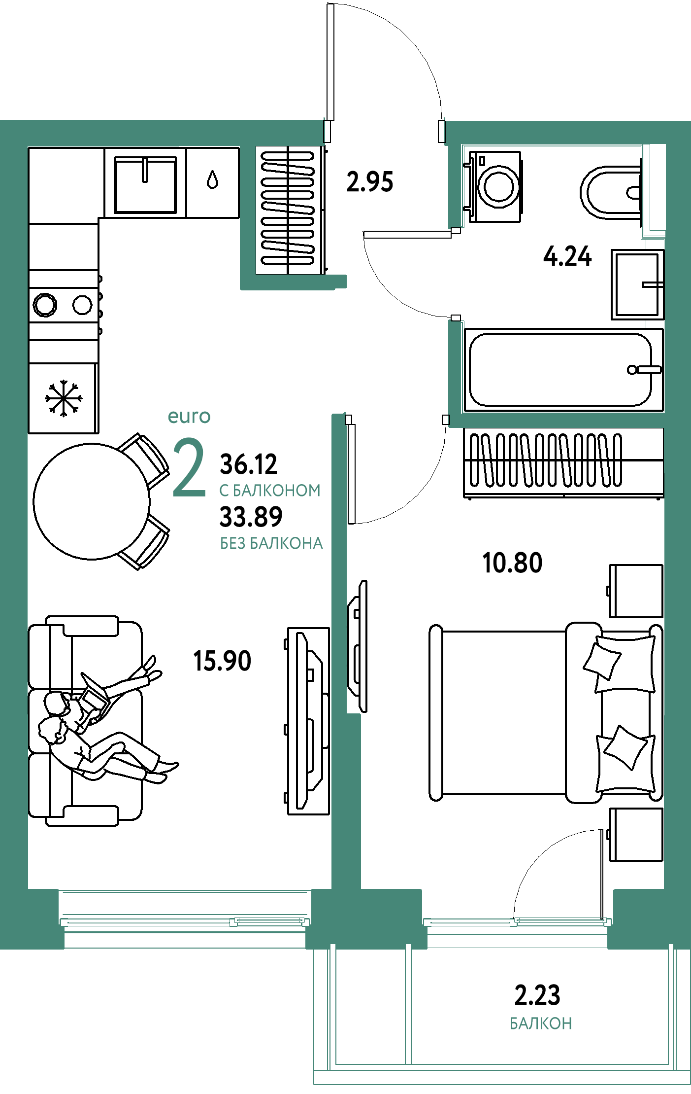 Планировка: Евродвушка 36.1 м² в ЖК Остров-сад, ДОК