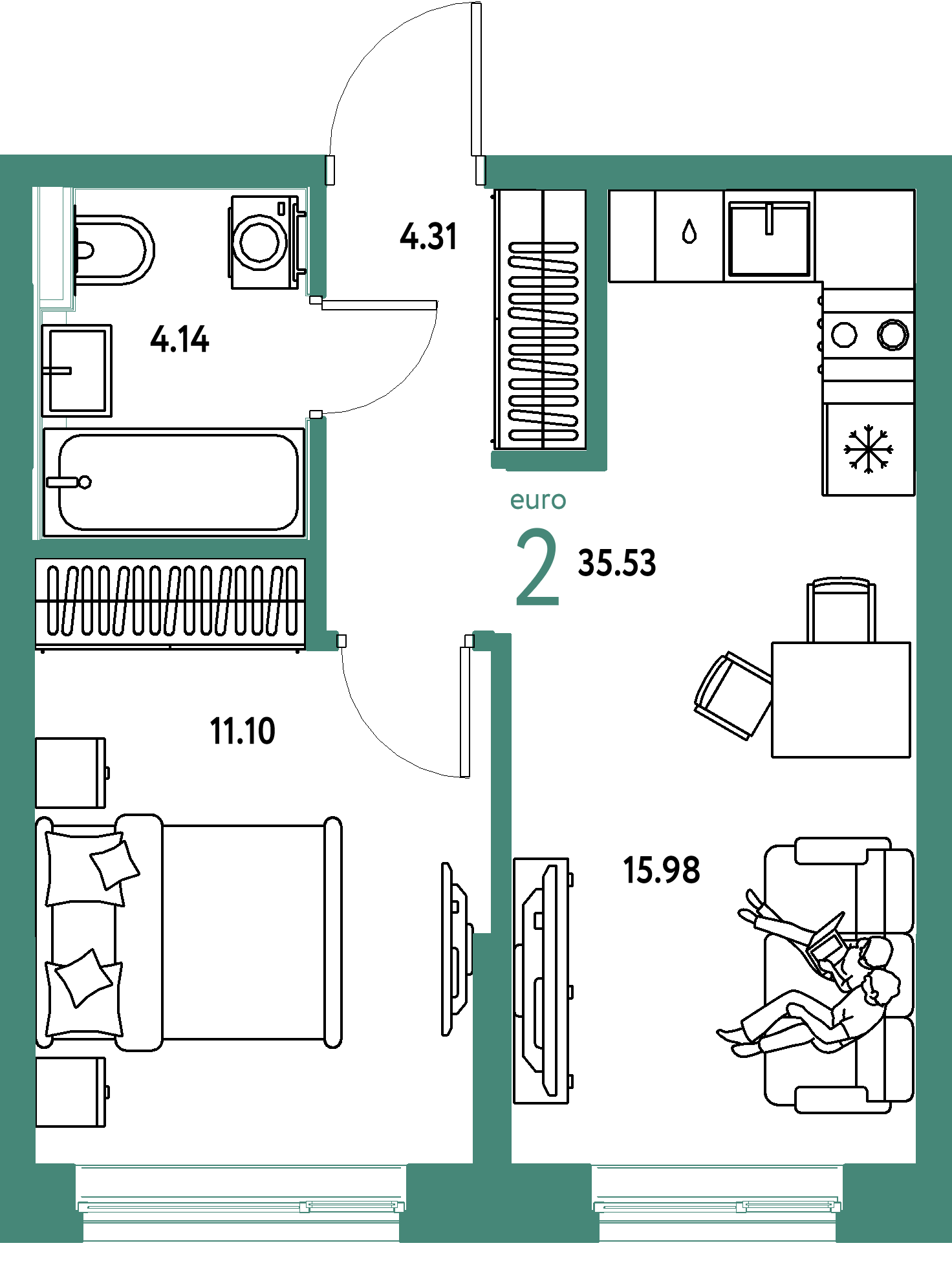 ЖК "Остров-сад"-2-комнатная 35.53 м²