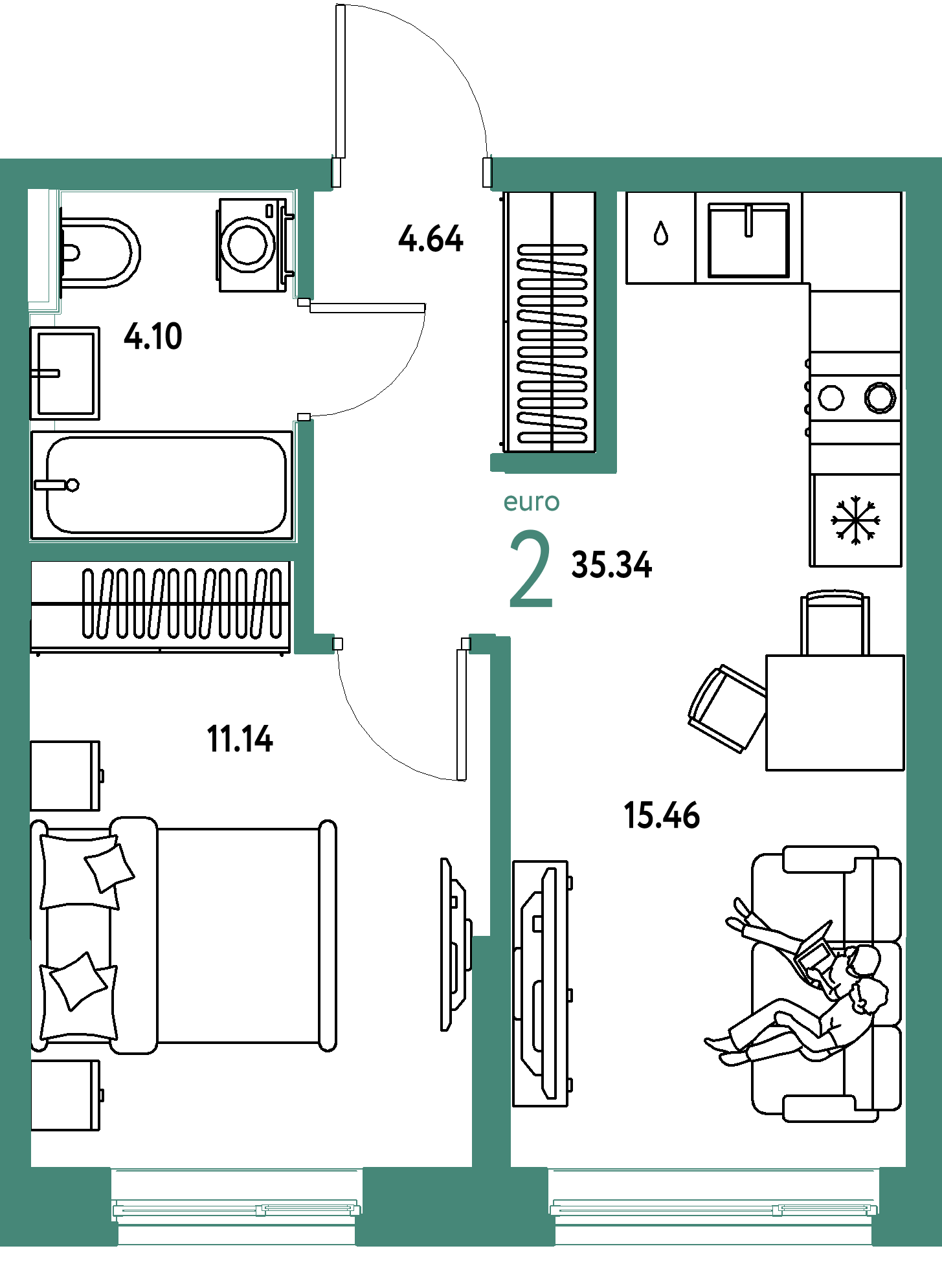 Планировка: Евродвушка 35.3 м² в ЖК Остров-сад, ДОК