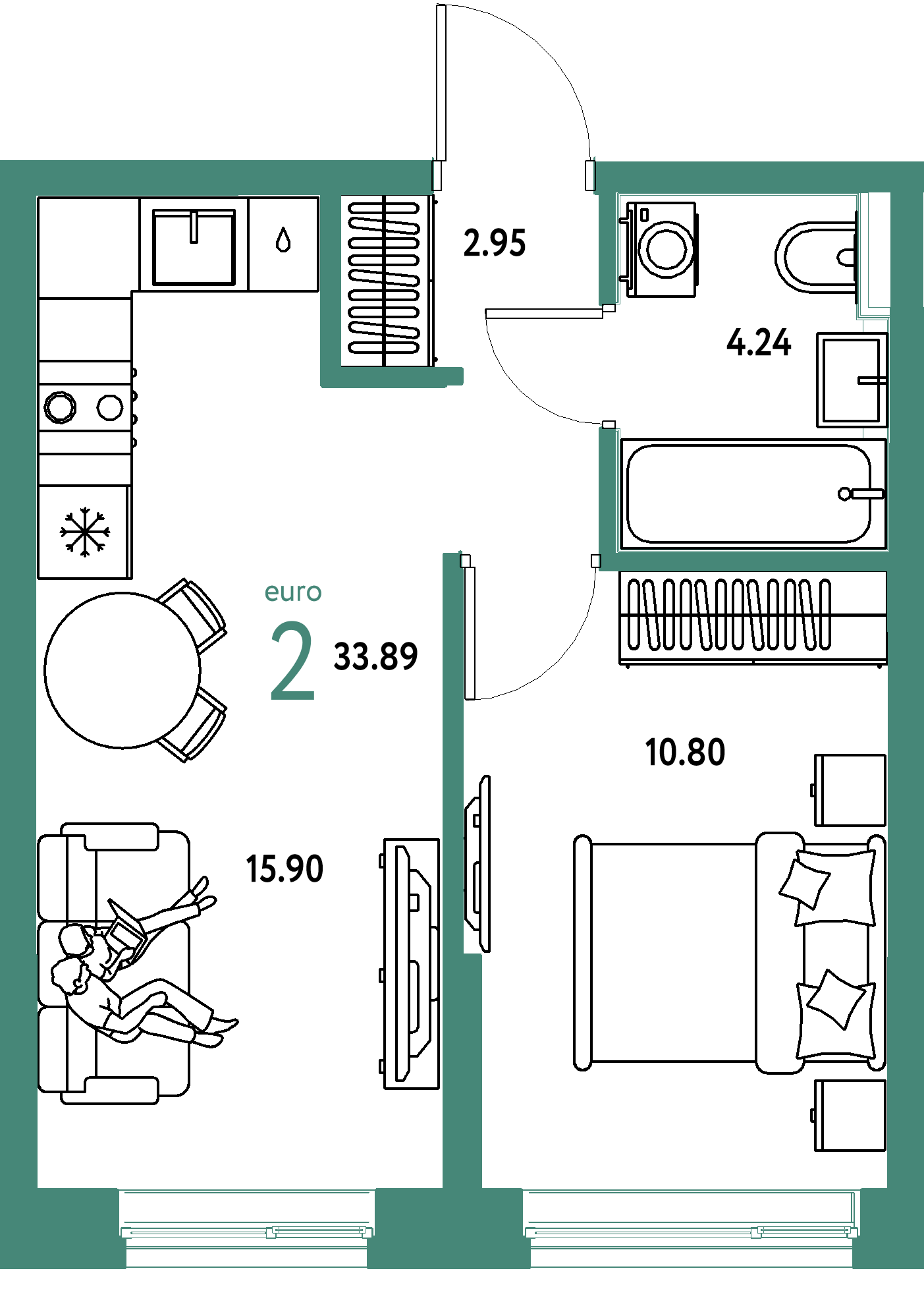 ЖК "Остров-сад"-2-комнатная 33.89 м²