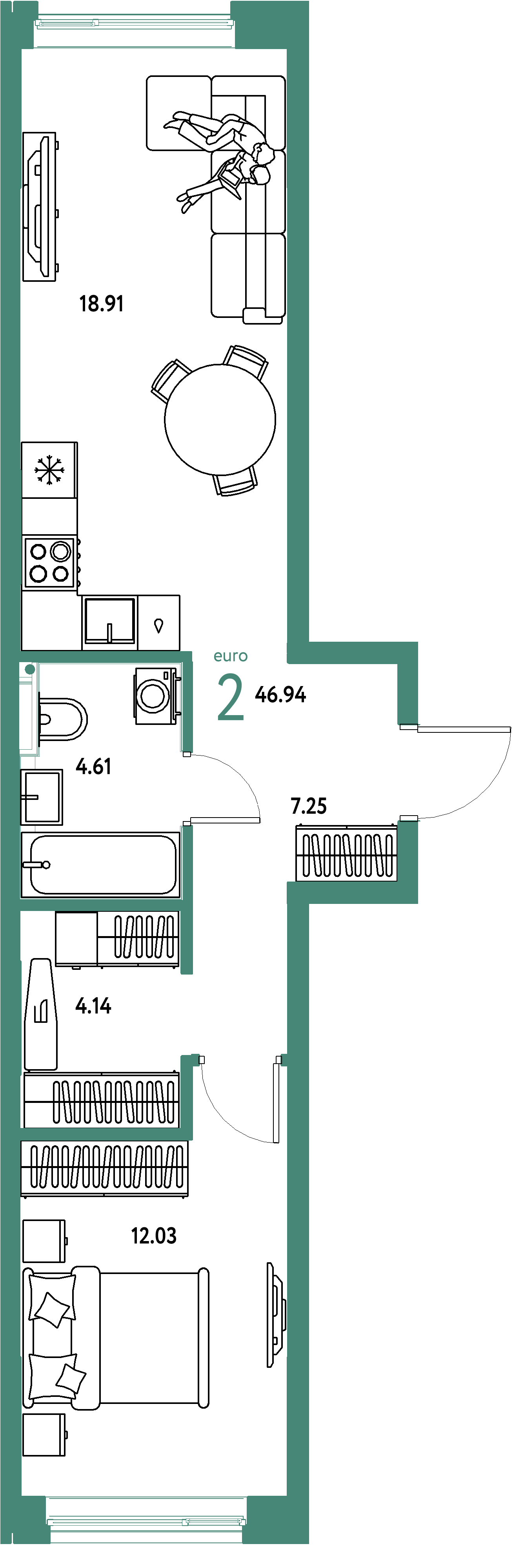 ЖК "Остров-сад"-2-комнатная 46.94 м²
