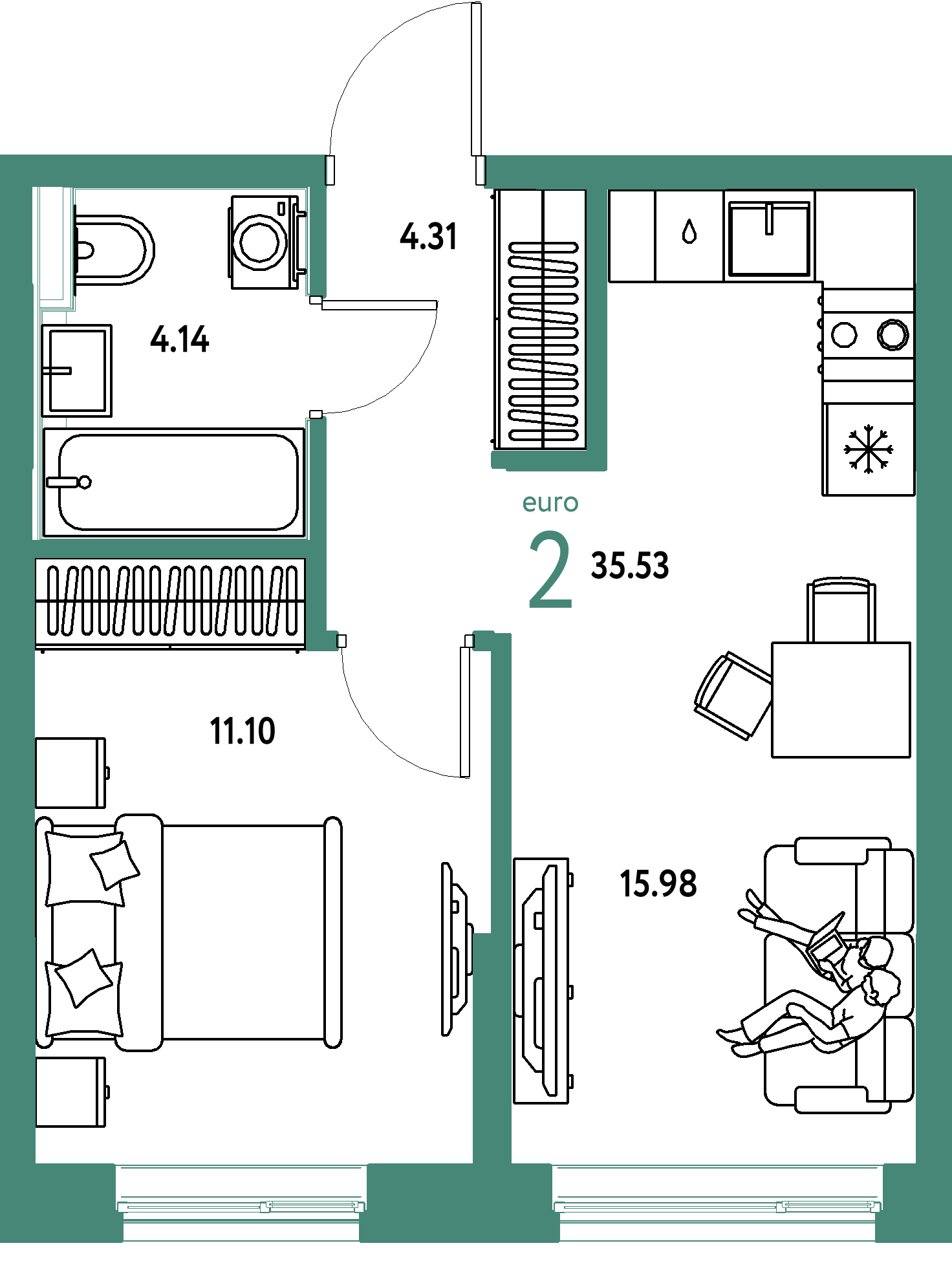 Планировка: Евродвушка 35.5 м² в ЖК Остров-сад, ДОК