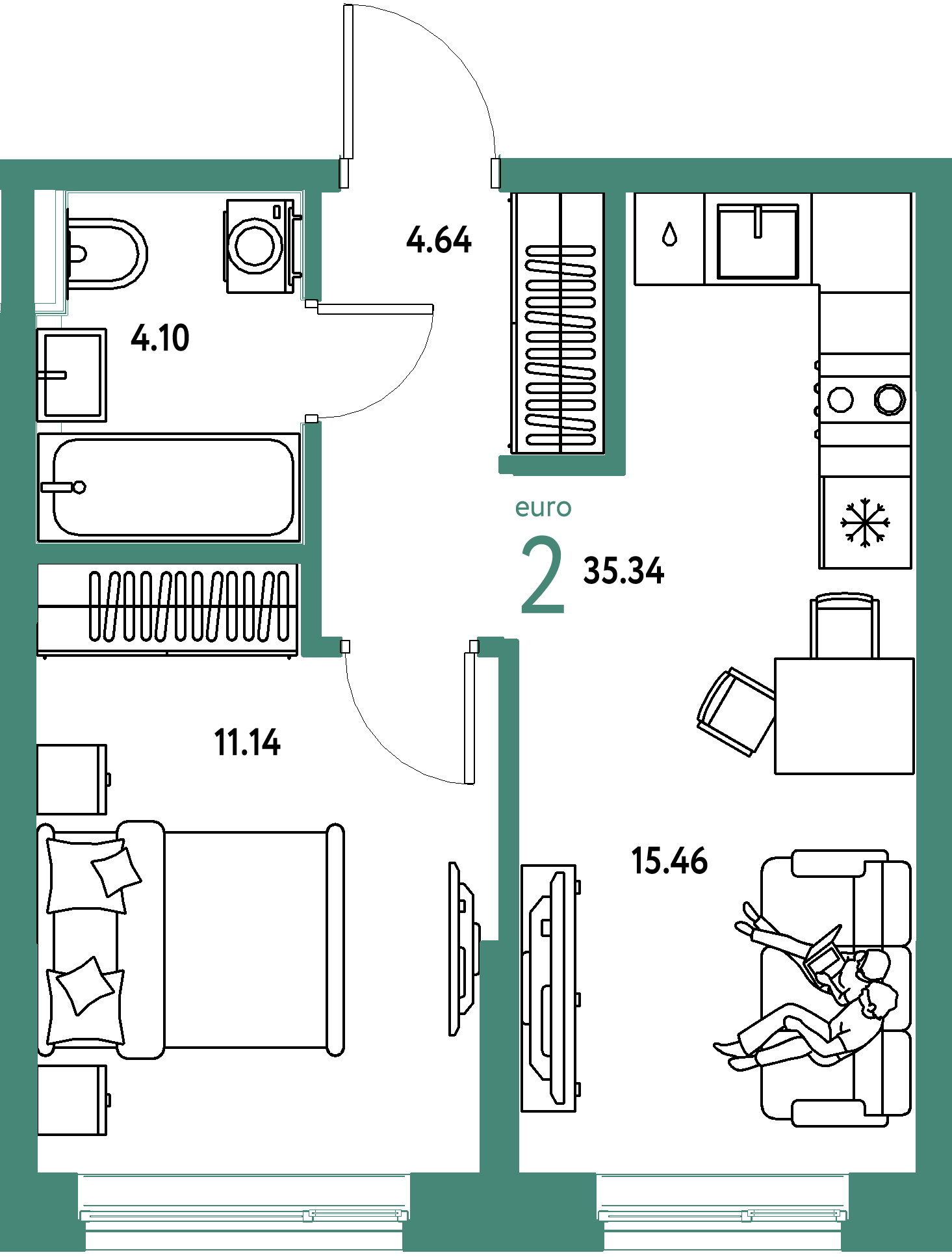 Планировка: Евродвушка 35.3 м² в ЖК Остров-сад, ДОК