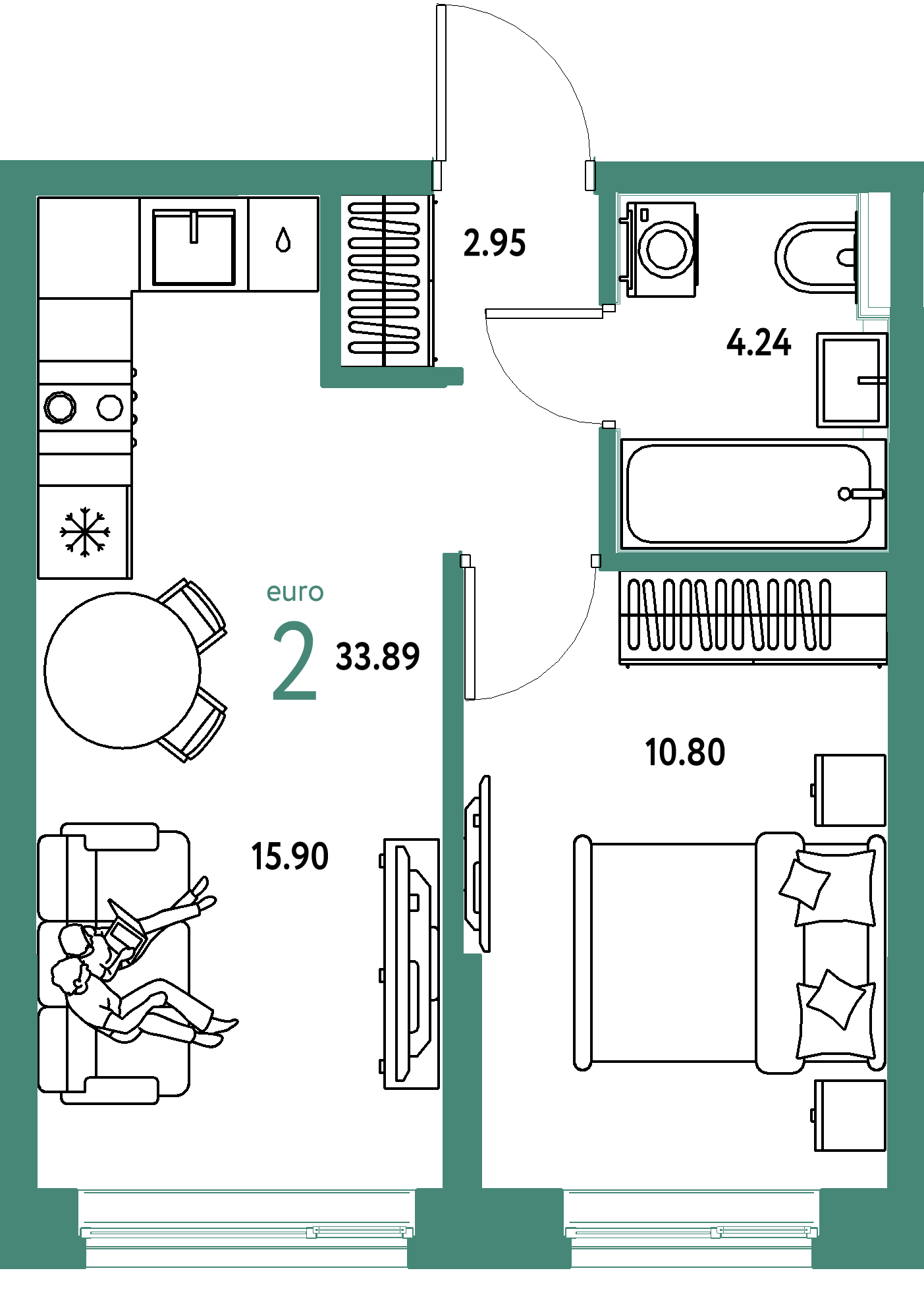 Планировка: Евродвушка 33.9 м² в ЖК Остров-сад, ДОК