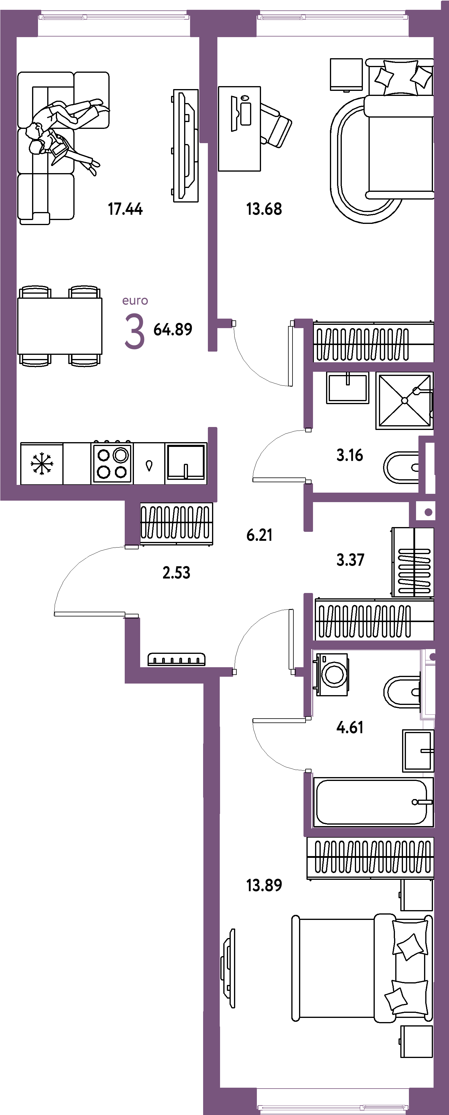 ЖК "Остров-сад"-3-комнатная 64.89 м²