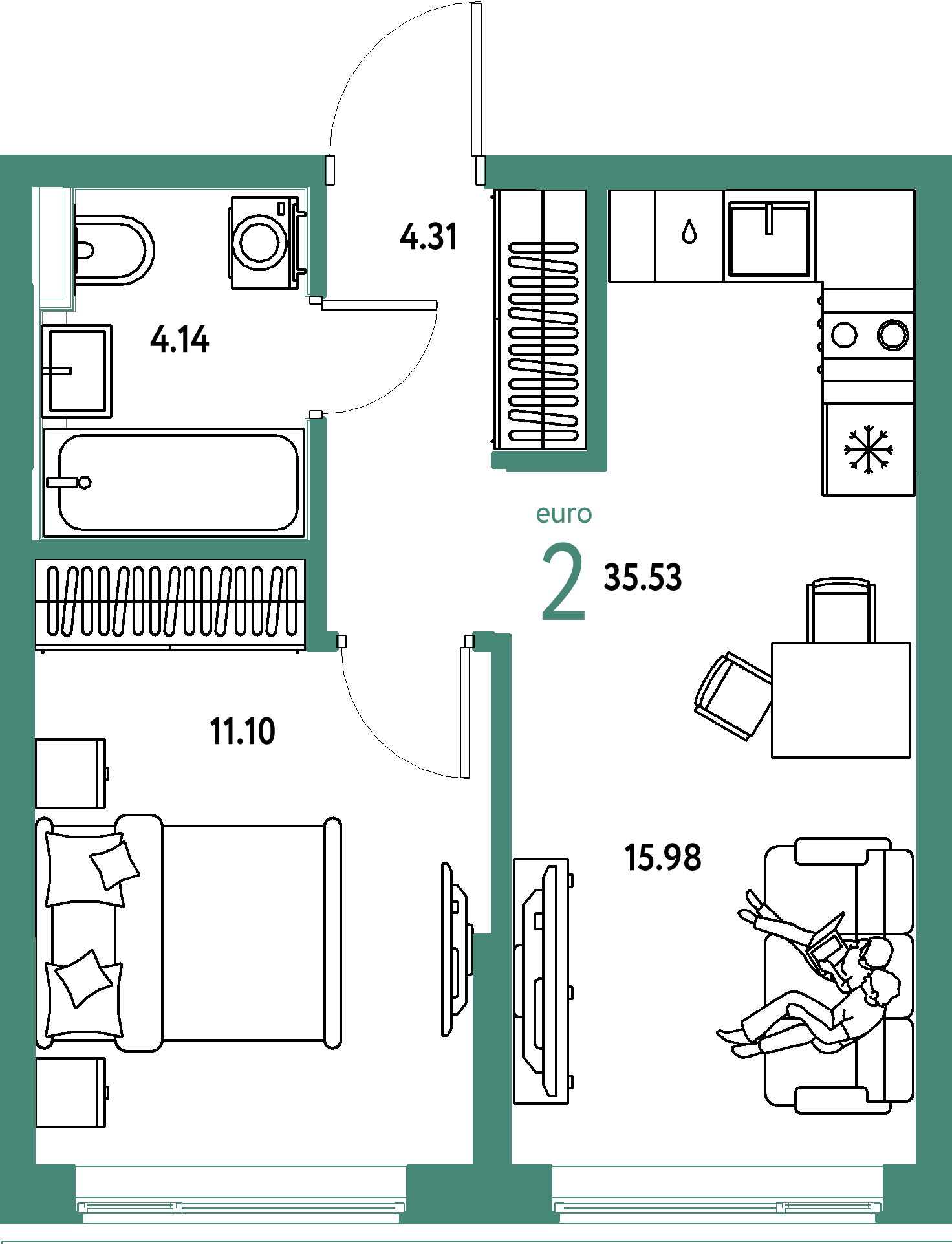 ЖК "Остров-сад"-2-комнатная 35.53 м²