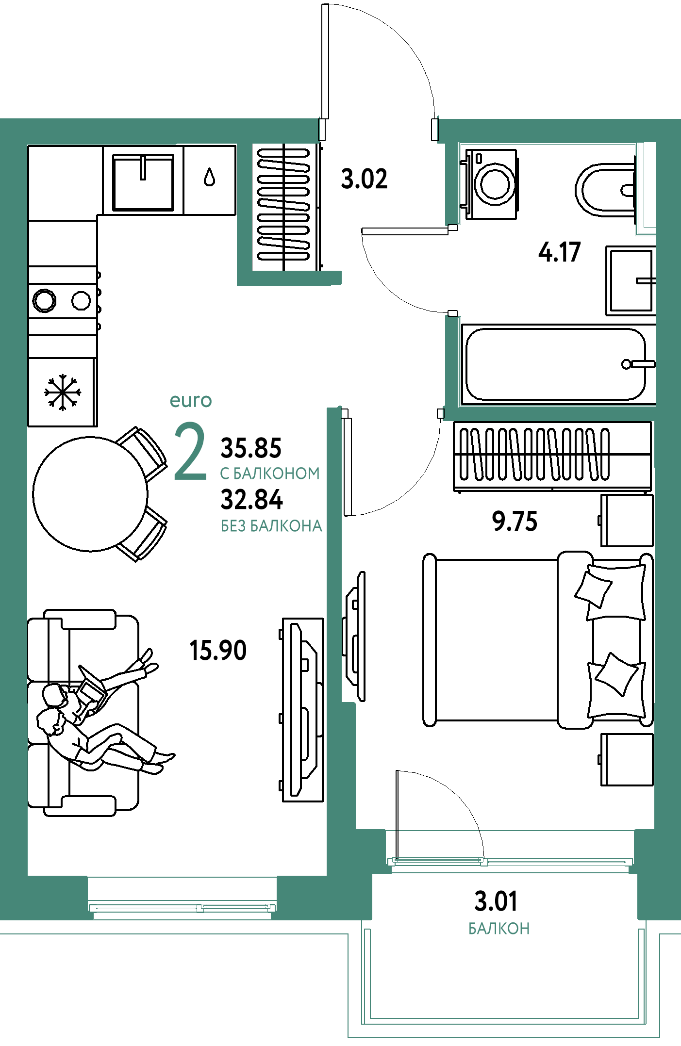 ЖК "Остров-сад"-2-комнатная 35.85 м²