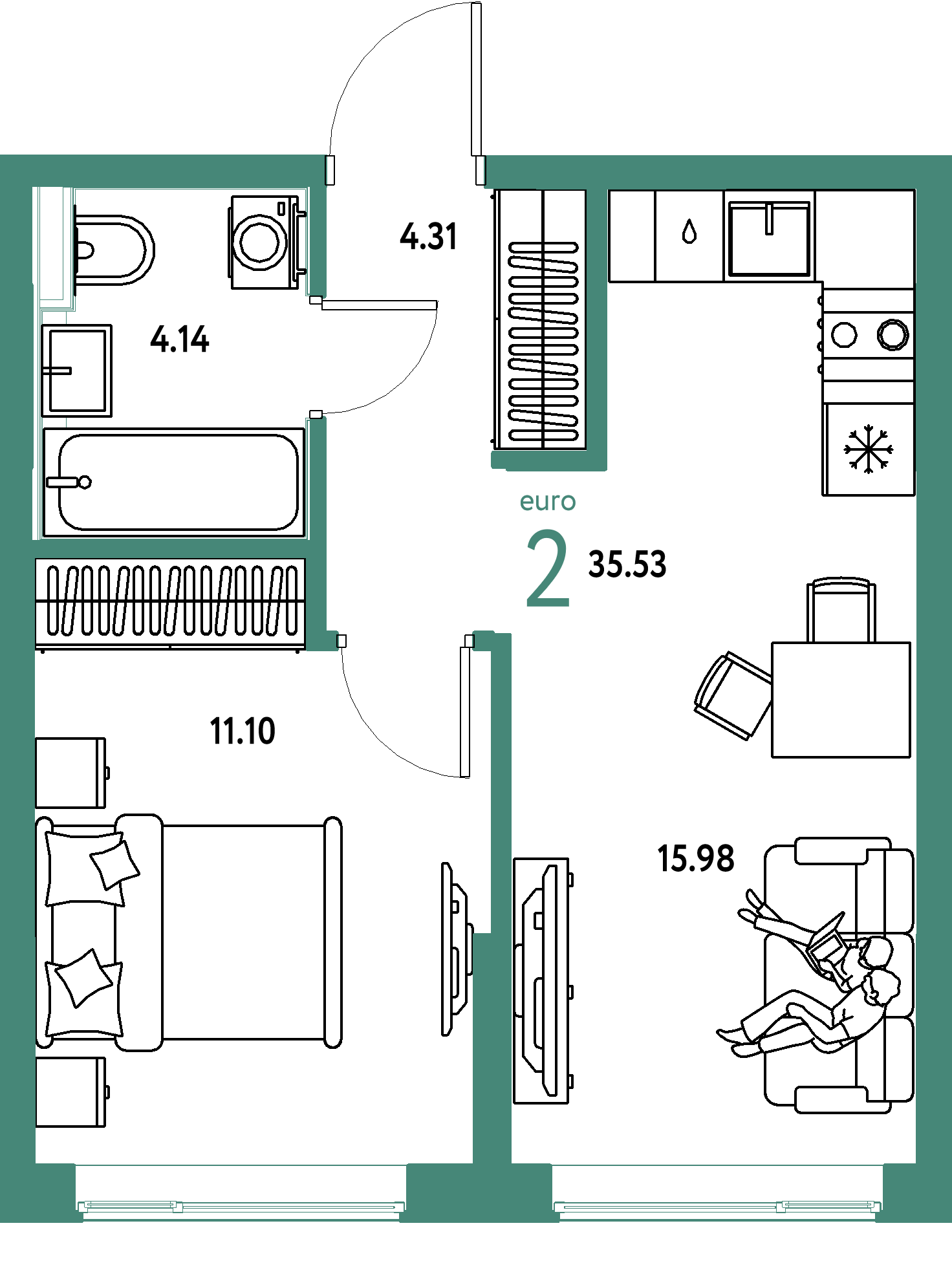 ЖК "Остров-сад"-2-комнатная 35.53 м²
