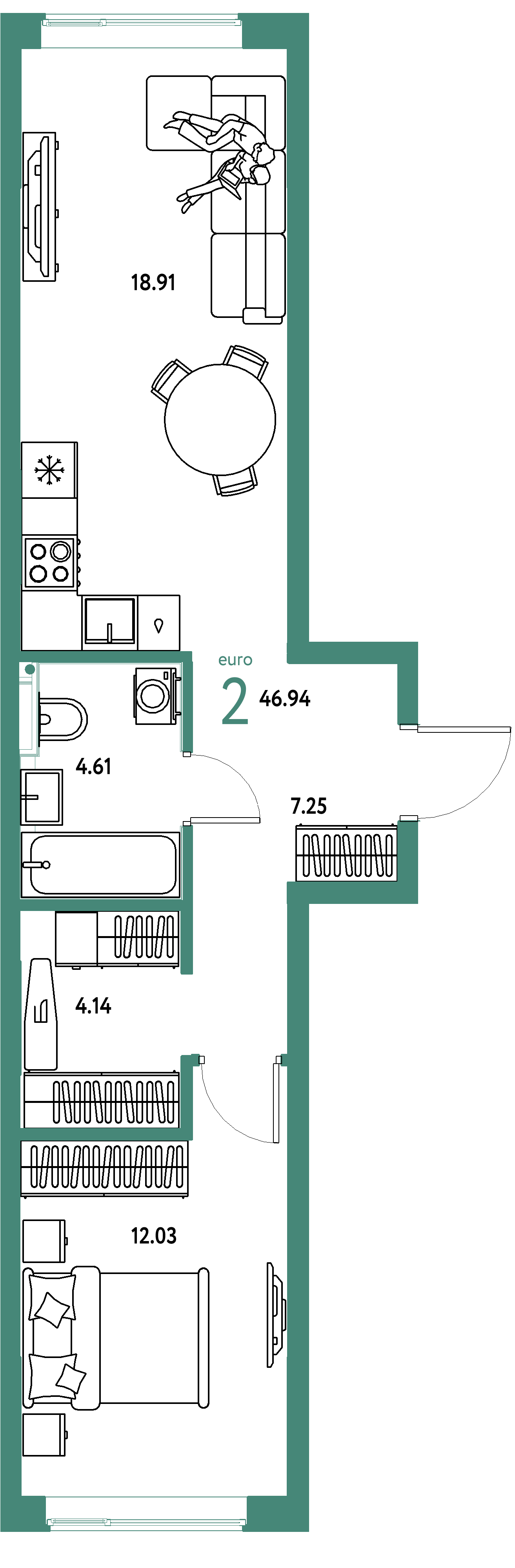 ЖК "Остров-сад"-2-комнатная 46.94 м²