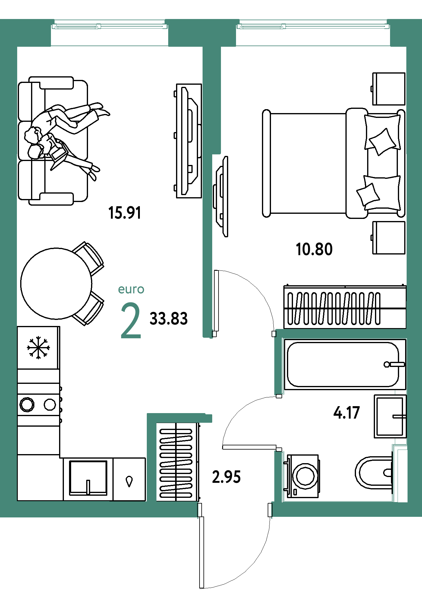 ЖК "Остров-сад"-2-комнатная 33.83 м²