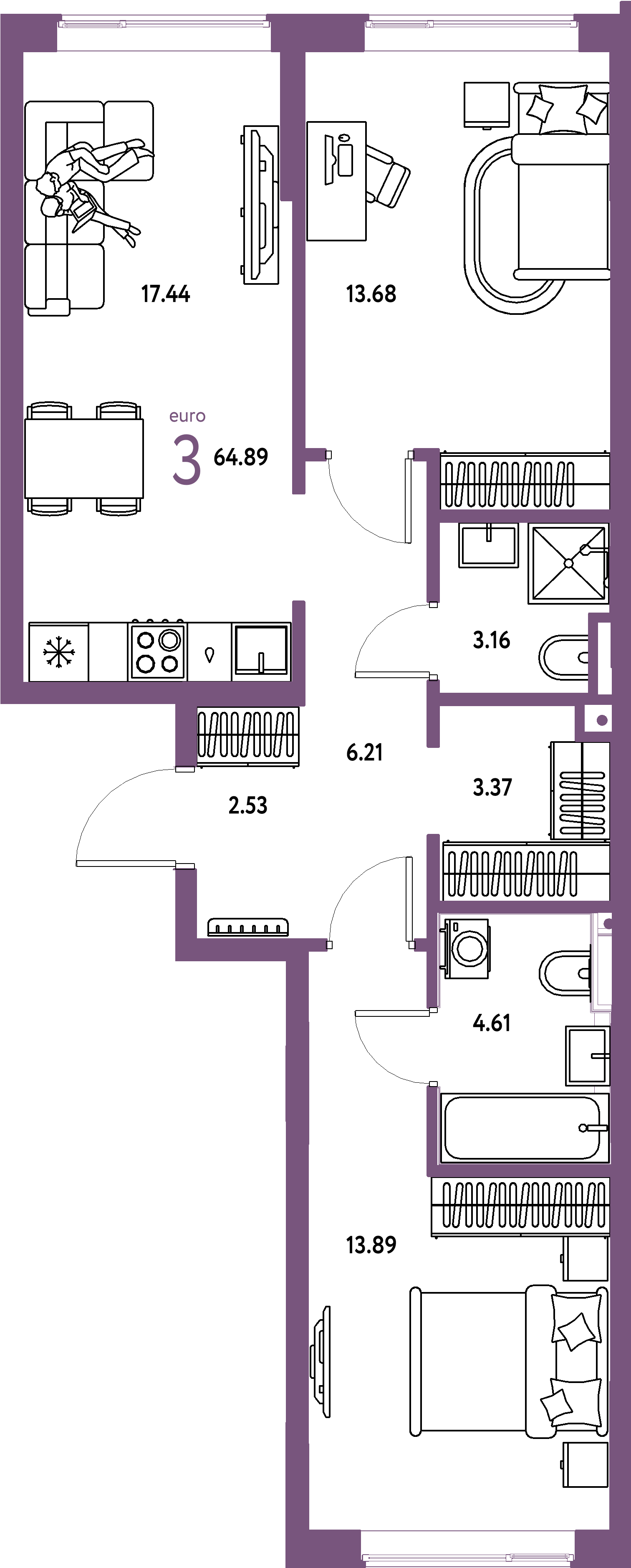 ЖК "Остров-сад"-3-комнатная 64.89 м²
