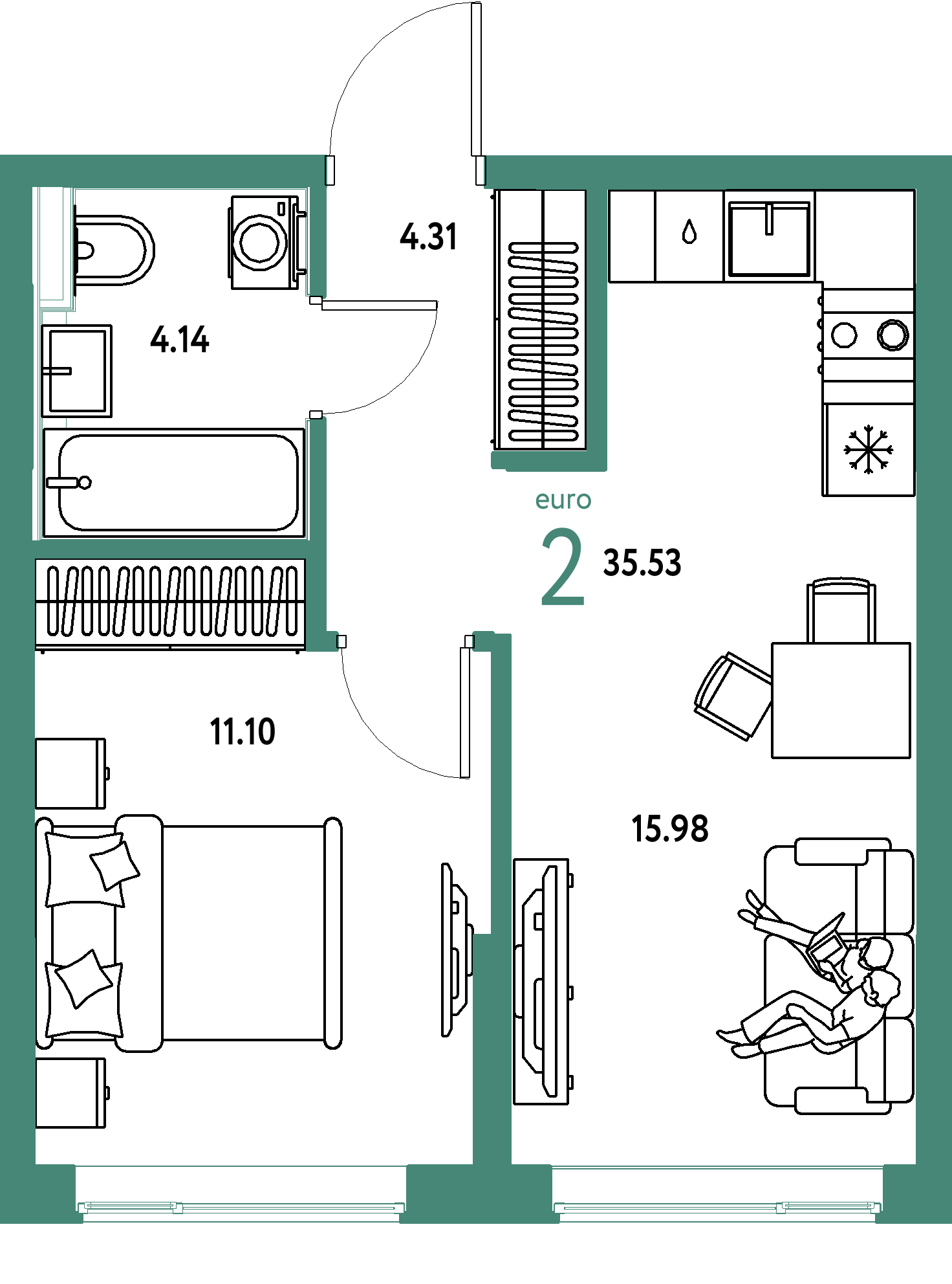 ЖК "Остров-сад"-2-комнатная 35.53 м²