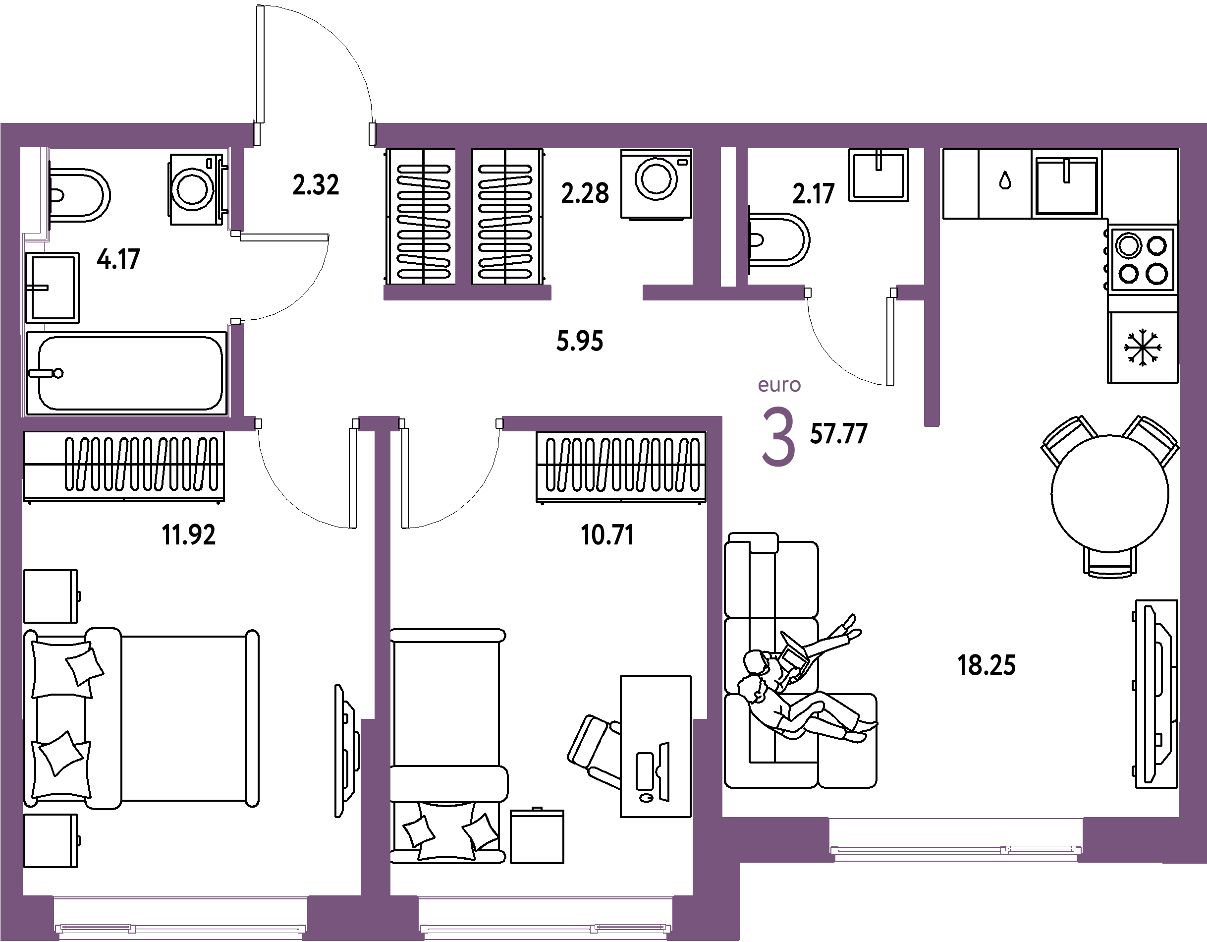 Планировка: 3-комнатная 57.8 м² в ЖК Остров-сад, ДОК